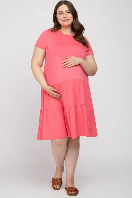 Hot Pink Blue Tiered Maternity Plus Dress sold by Pinkblush