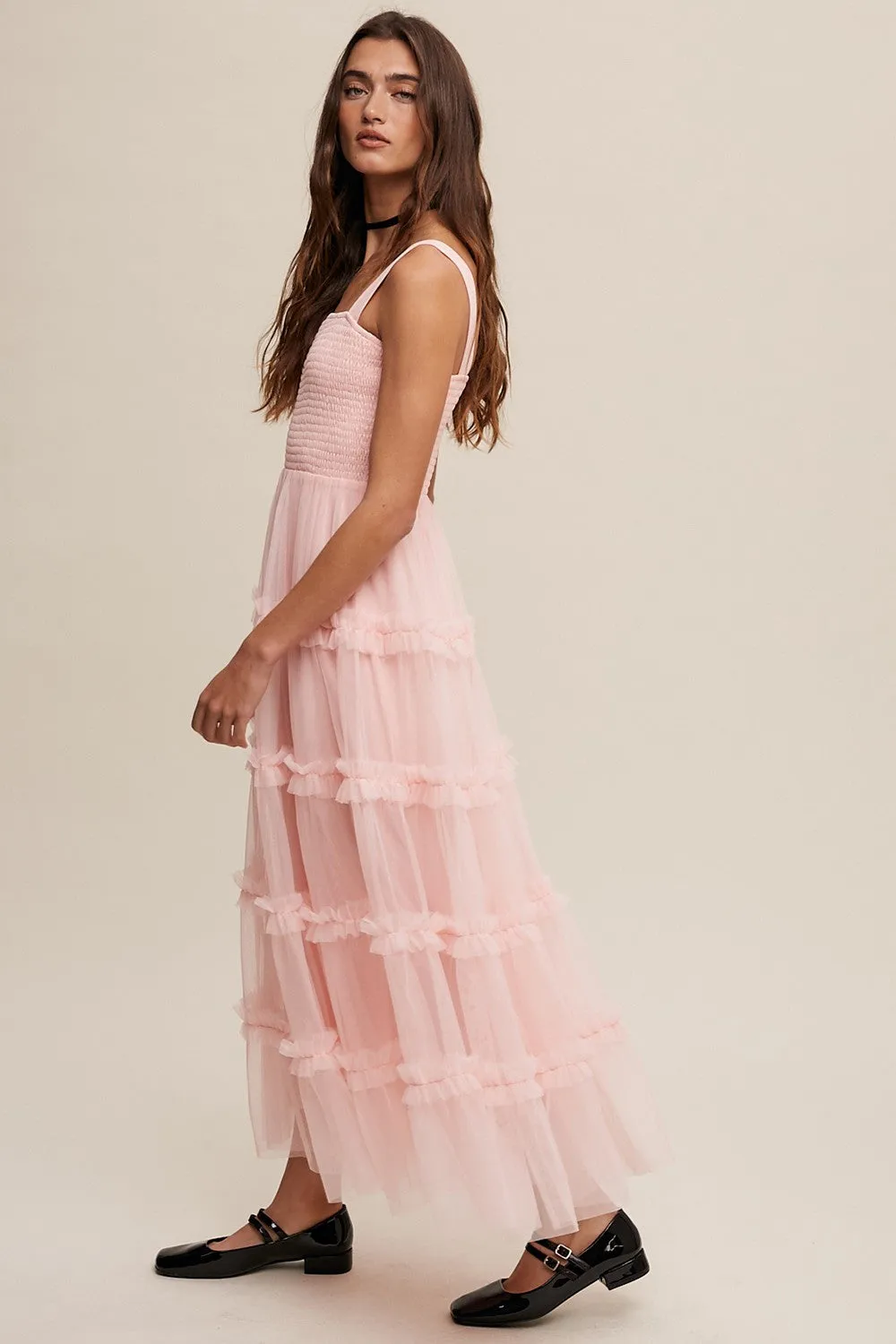 Light Pink Smocked Ruffle Tiered Tulle Midi Dress sold by Pinkblush product image thumbnail 2