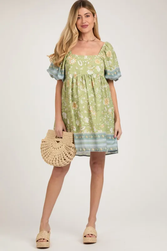 Light Green Floral Puff Sleeve Maternity Dress sold by Pinkblush