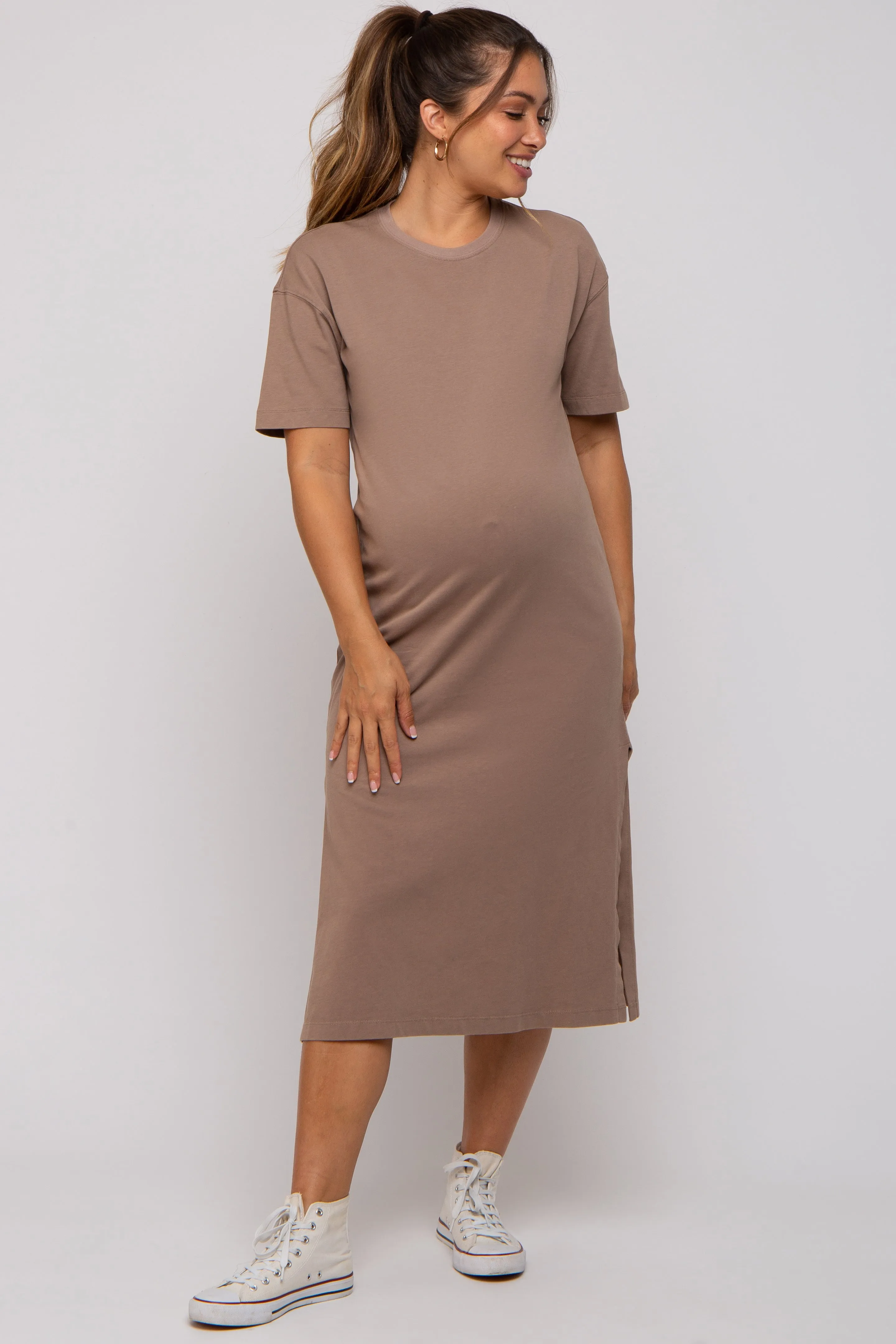 Taupe T-Shirt Maternity Midi Dress sold by Pinkblush product image thumbnail 4