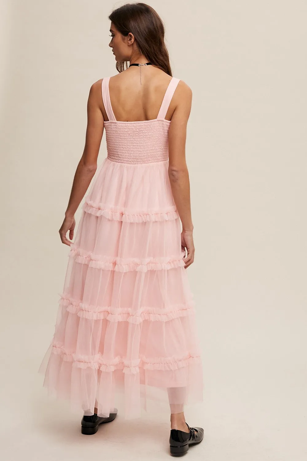Light Pink Smocked Ruffle Tiered Tulle Midi Dress sold by Pinkblush product image thumbnail 3