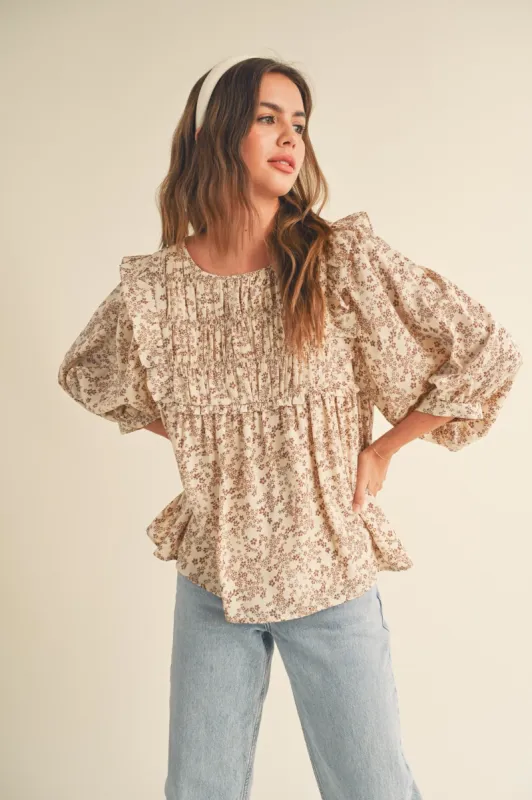 Brown Floral Ruffle Blouse sold by Pinkblush