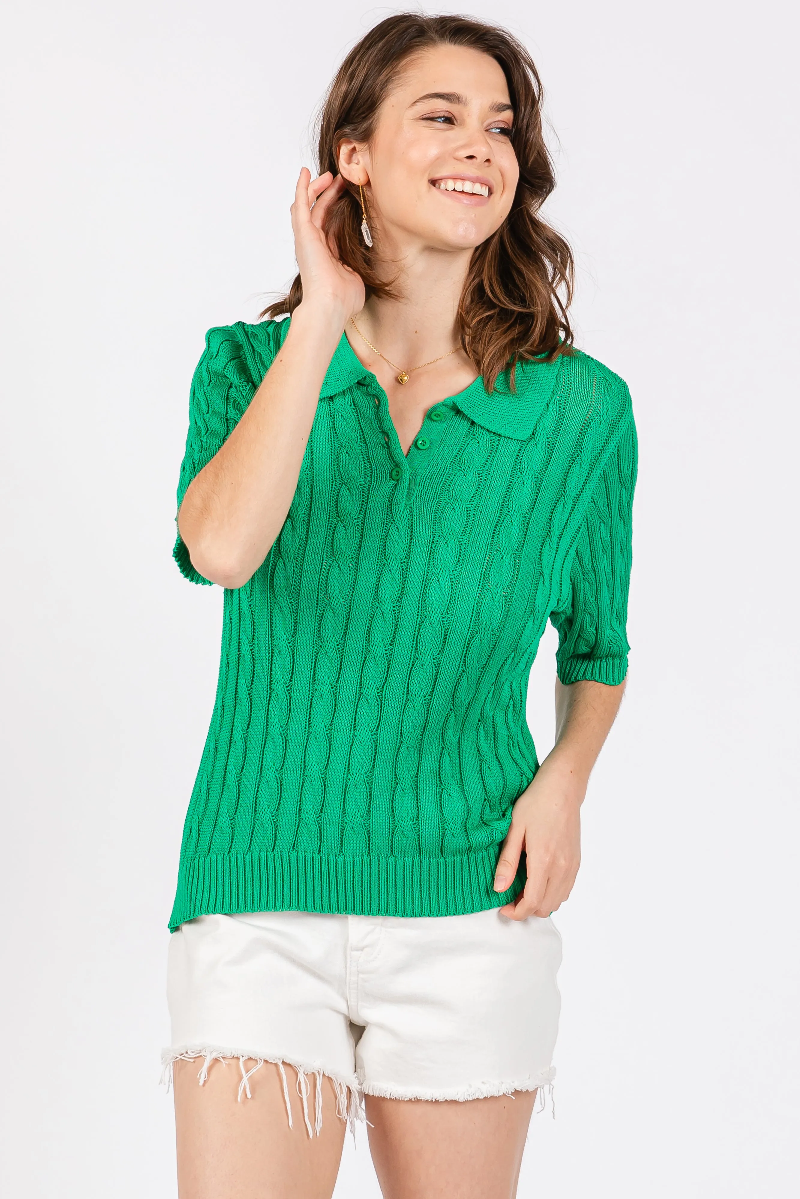 Green Knit Button Collared Top sold by Pinkblush