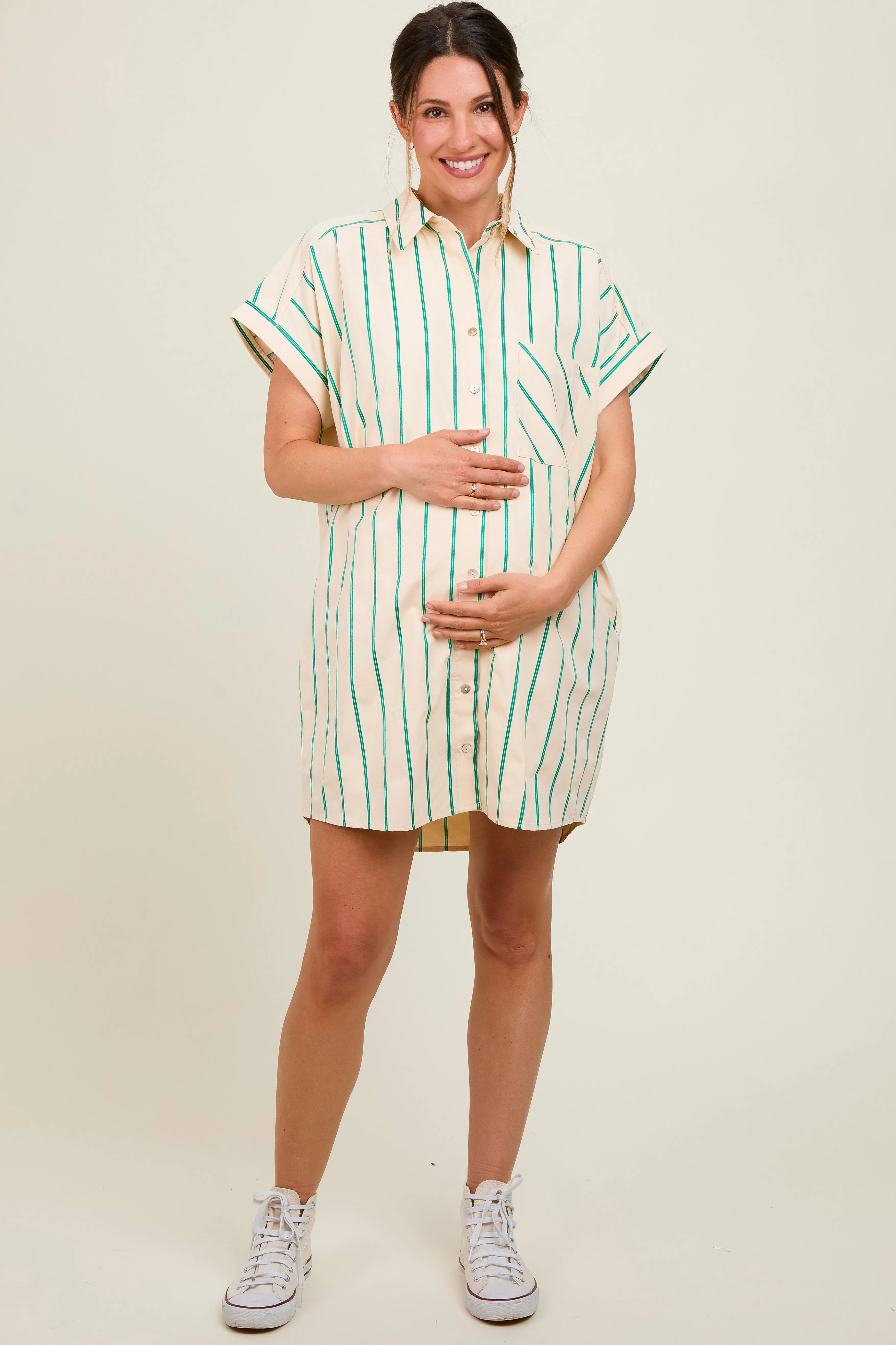 Cream Striped Maternity Shirt Mini Dress sold by Pinkblush