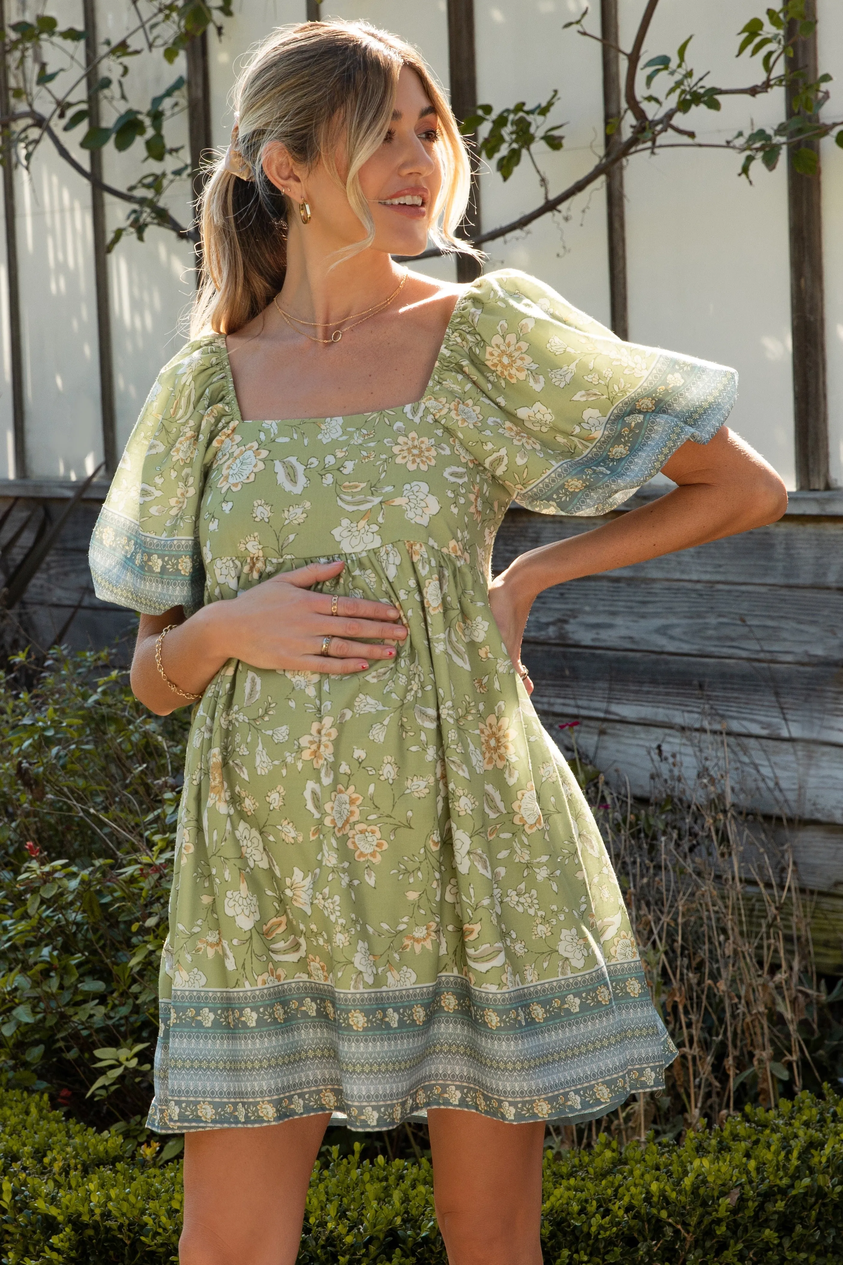 Light Green Floral Puff Sleeve Maternity Dress sold by Pinkblush product image thumbnail 3
