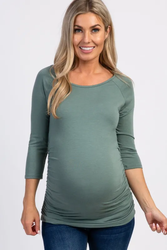 PinkBlush Olive Green Basic Ruched Fitted Maternity Top sold by Pinkblush