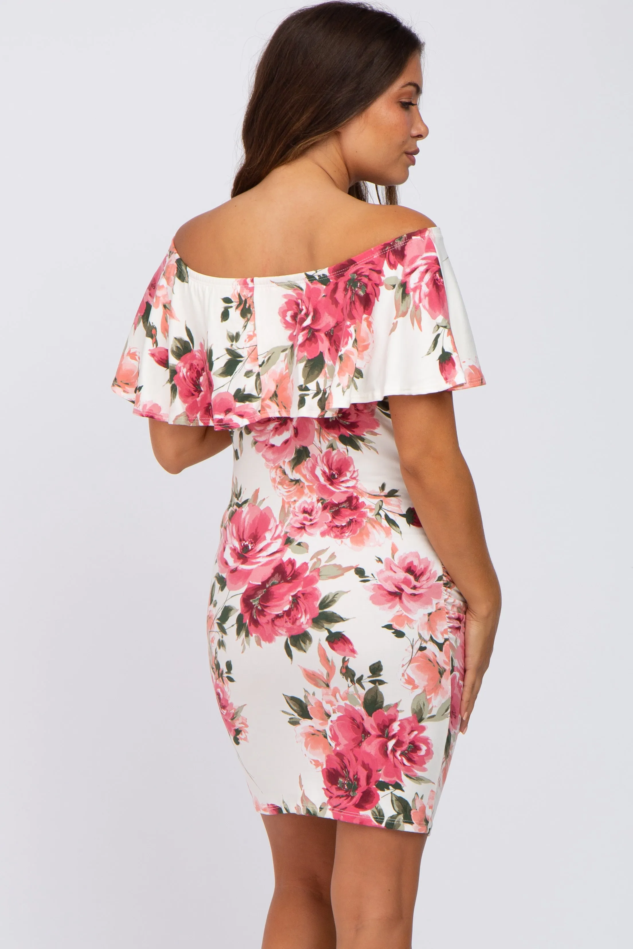 Cream Floral Off Shoulder Maternity Fitted Dress sold by Pinkblush product image thumbnail 3