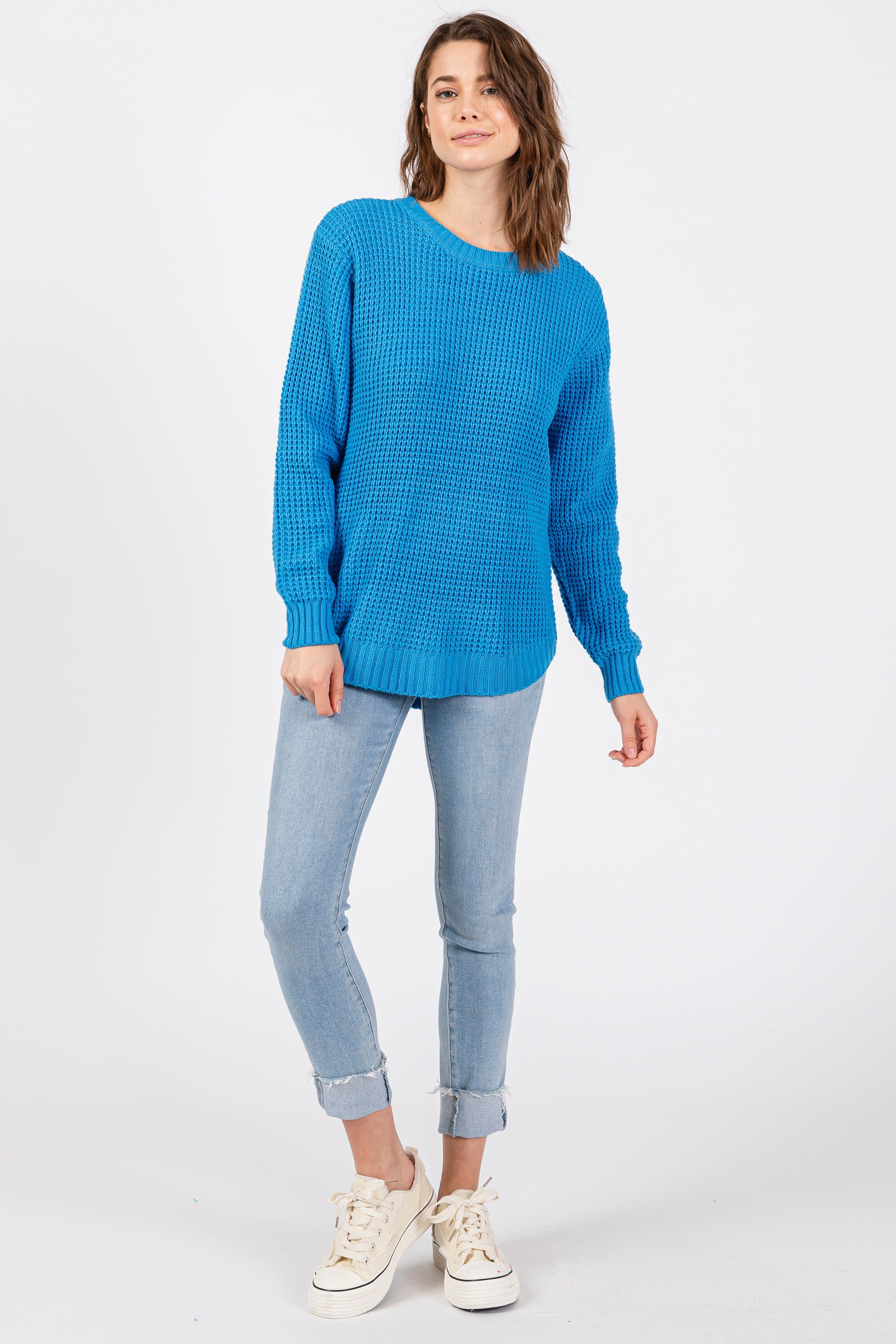 Blue Waffle Knit Round Hem Sweater sold by Pinkblush product image thumbnail 4