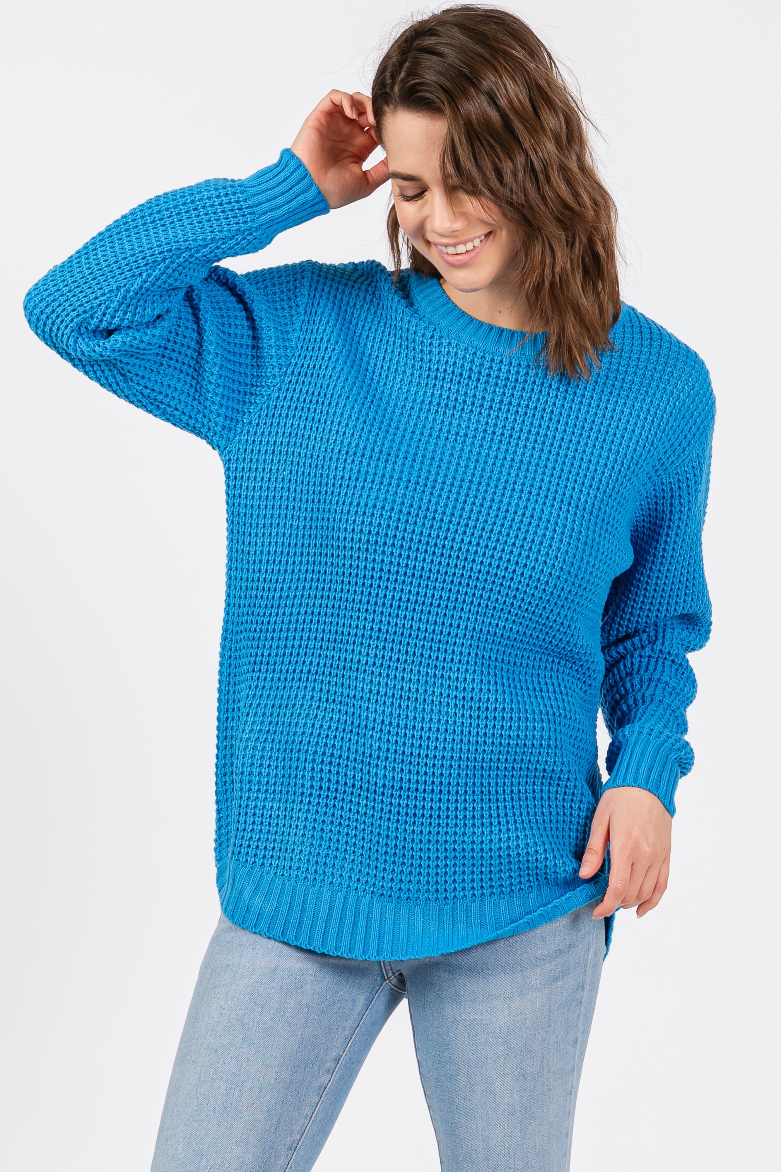 Blue Waffle Knit Round Hem Sweater sold by Pinkblush