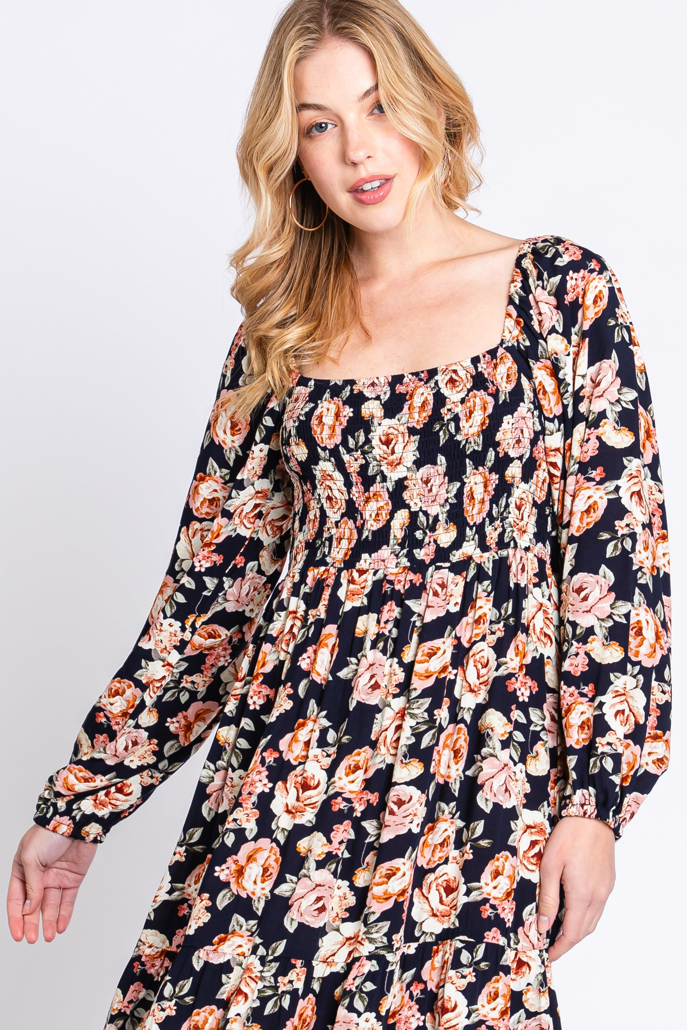 Navy Floral Long Sleeve Maxi Dress sold by Pinkblush product image thumbnail 4