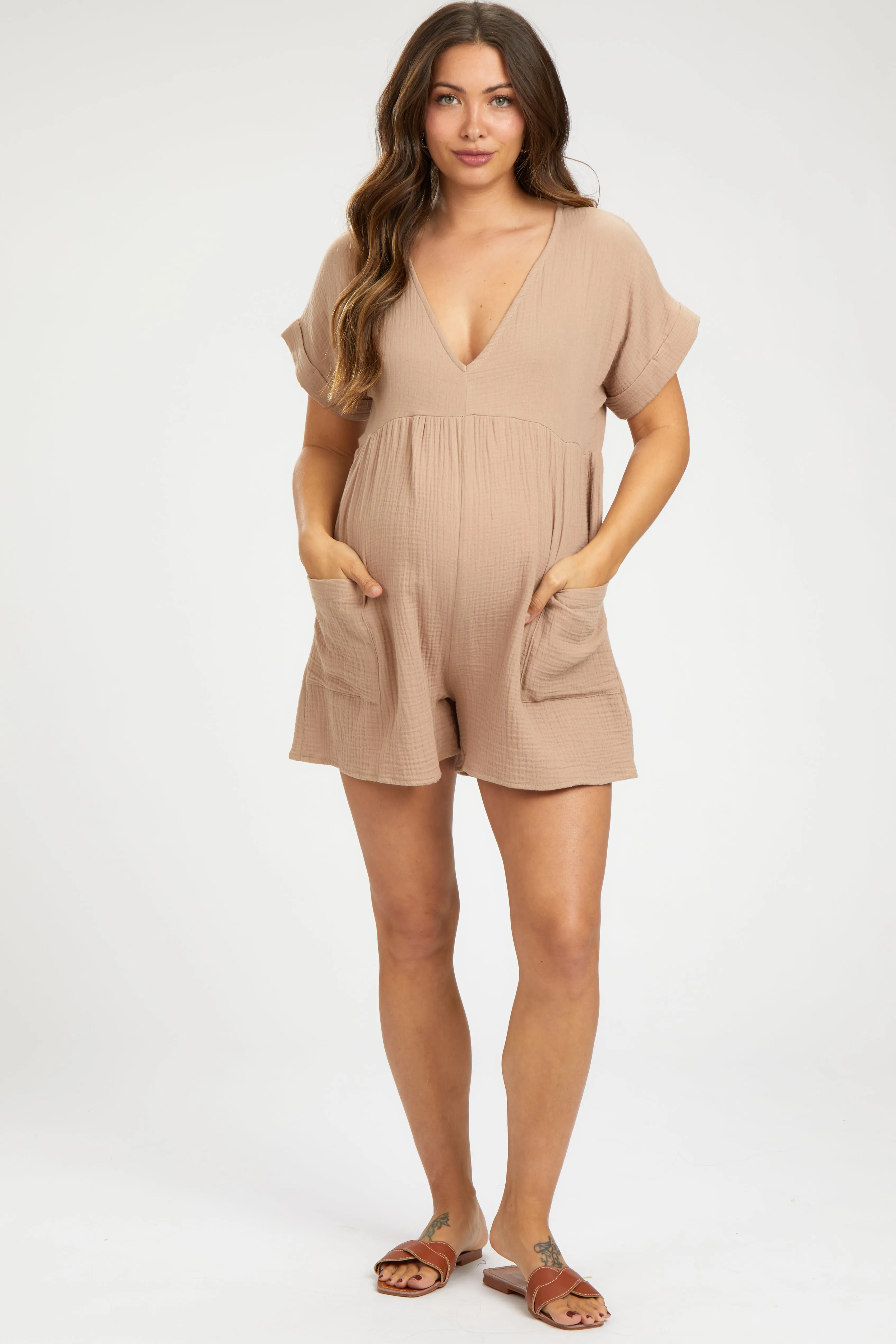 Mocha Gauze Short Sleeve Maternity Romper sold by Pinkblush product image thumbnail 2