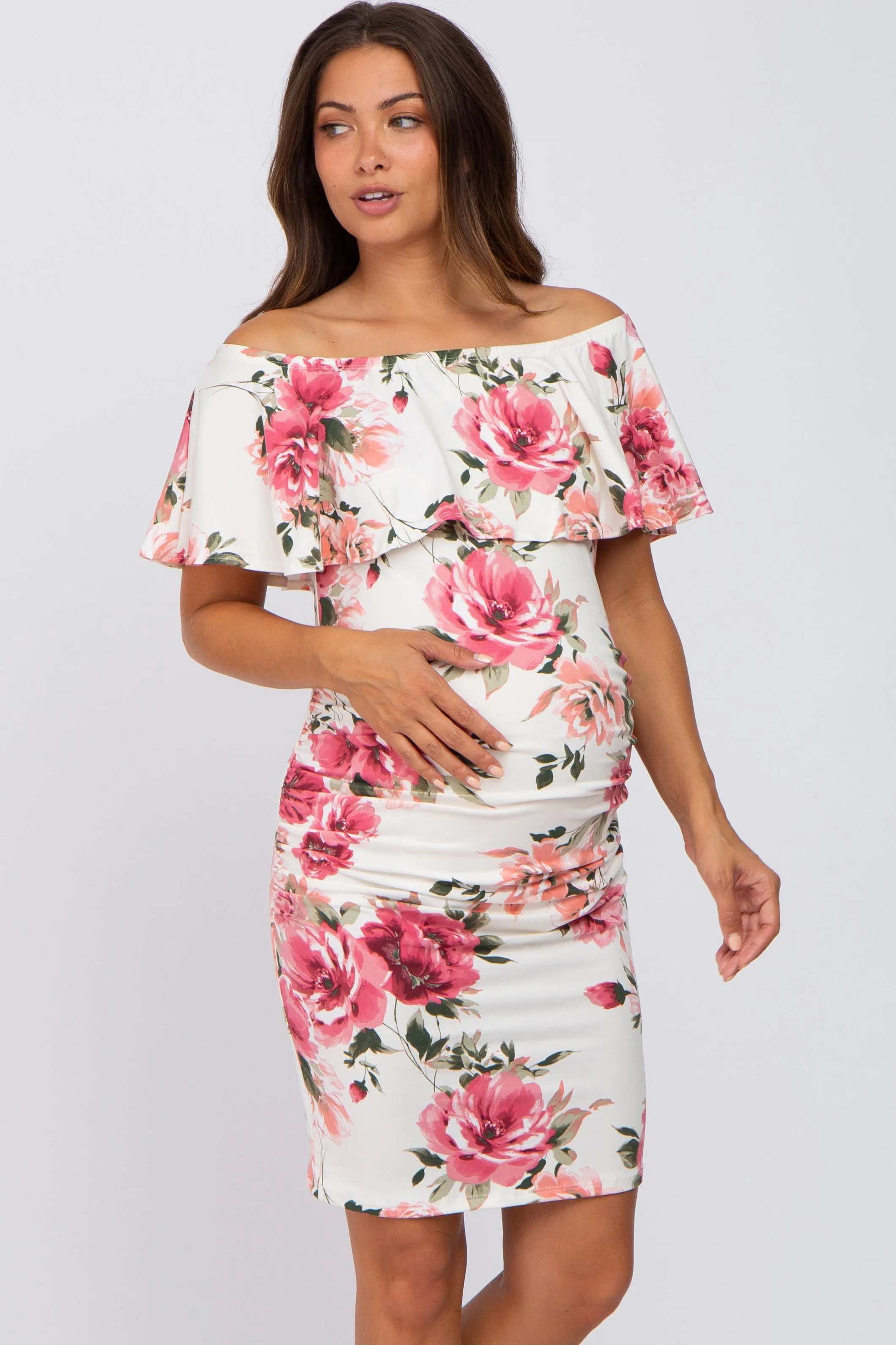 Cream Floral Off Shoulder Maternity Fitted Dress sold by Pinkblush