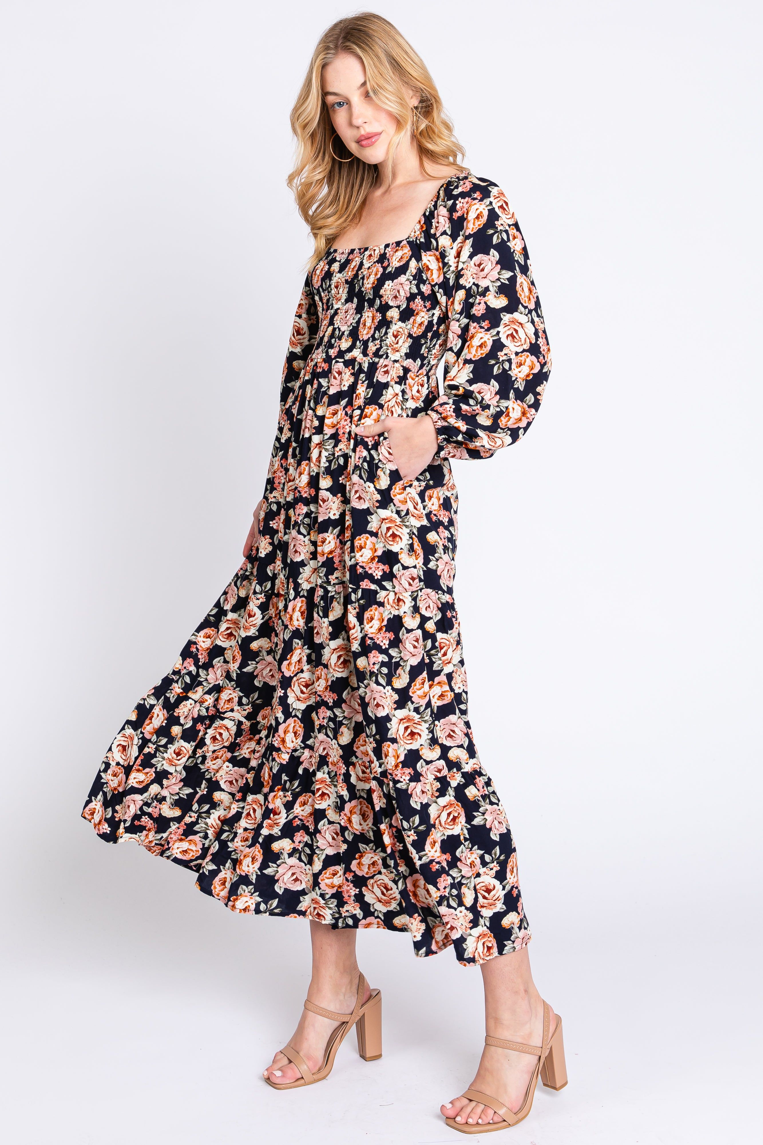 Navy Floral Long Sleeve Maxi Dress sold by Pinkblush product image thumbnail 2