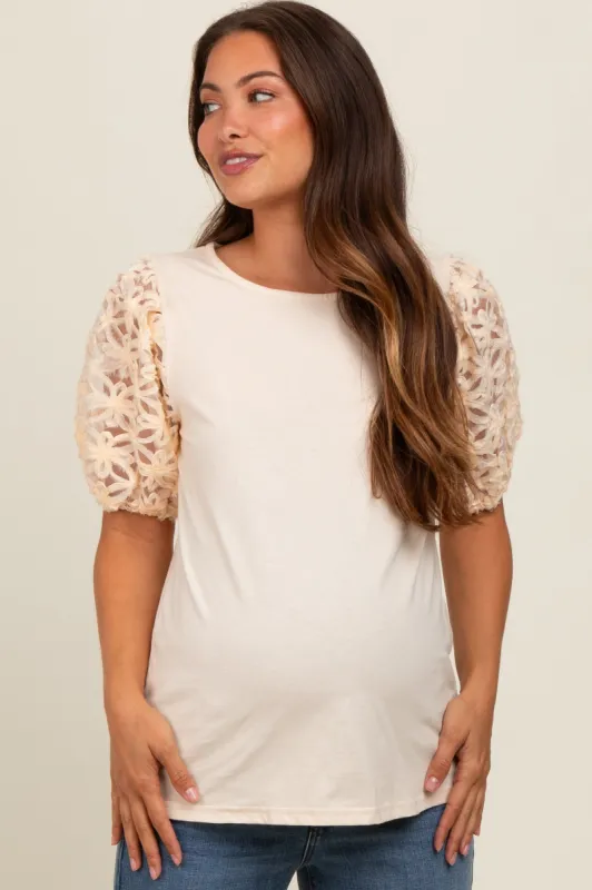 Cream Floral Mesh Sleeve Maternity Blouse sold by Pinkblush
