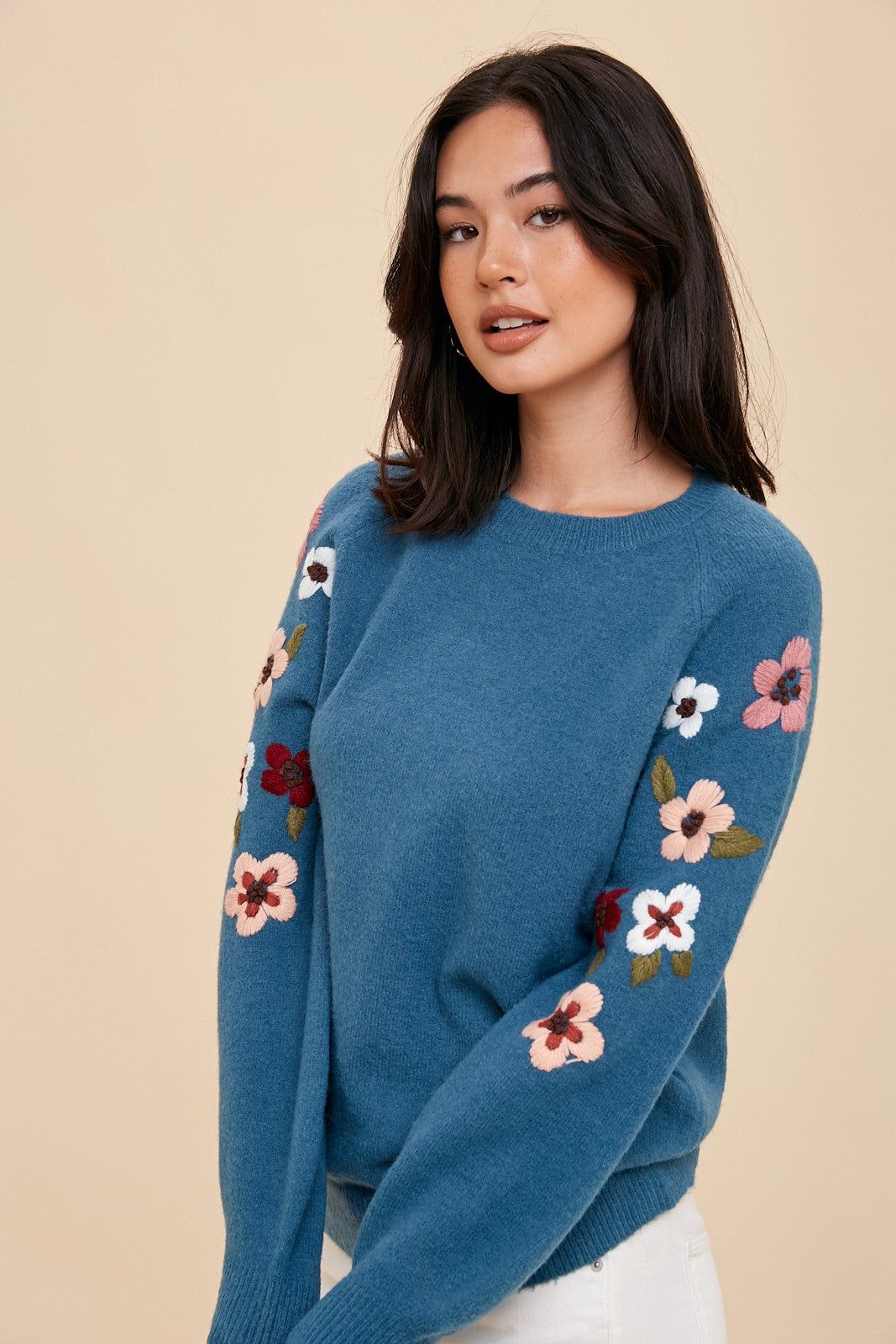 Teal Knit Floral Sweater sold by Pinkblush