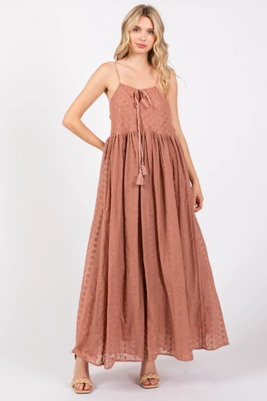 Mocha Embroidered Tassel Tie Maxi Dress sold by Pinkblush