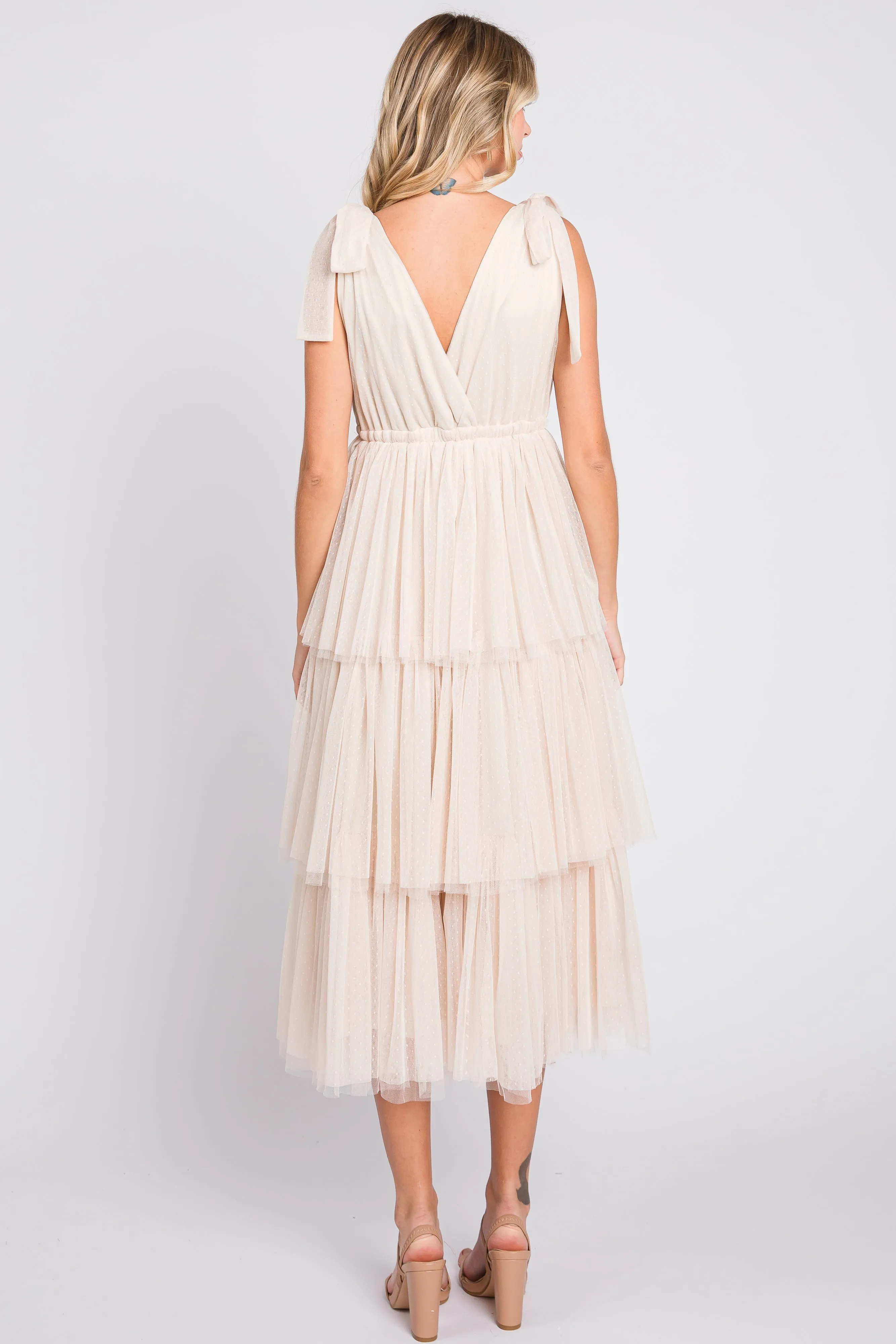 Cream Sleeveless Tiered Tie Strap Tulle Midi Dress sold by Pinkblush product image thumbnail 3