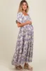 Blue Floral Ruffle Accent Maternity Maxi Dress sold by Pinkblush