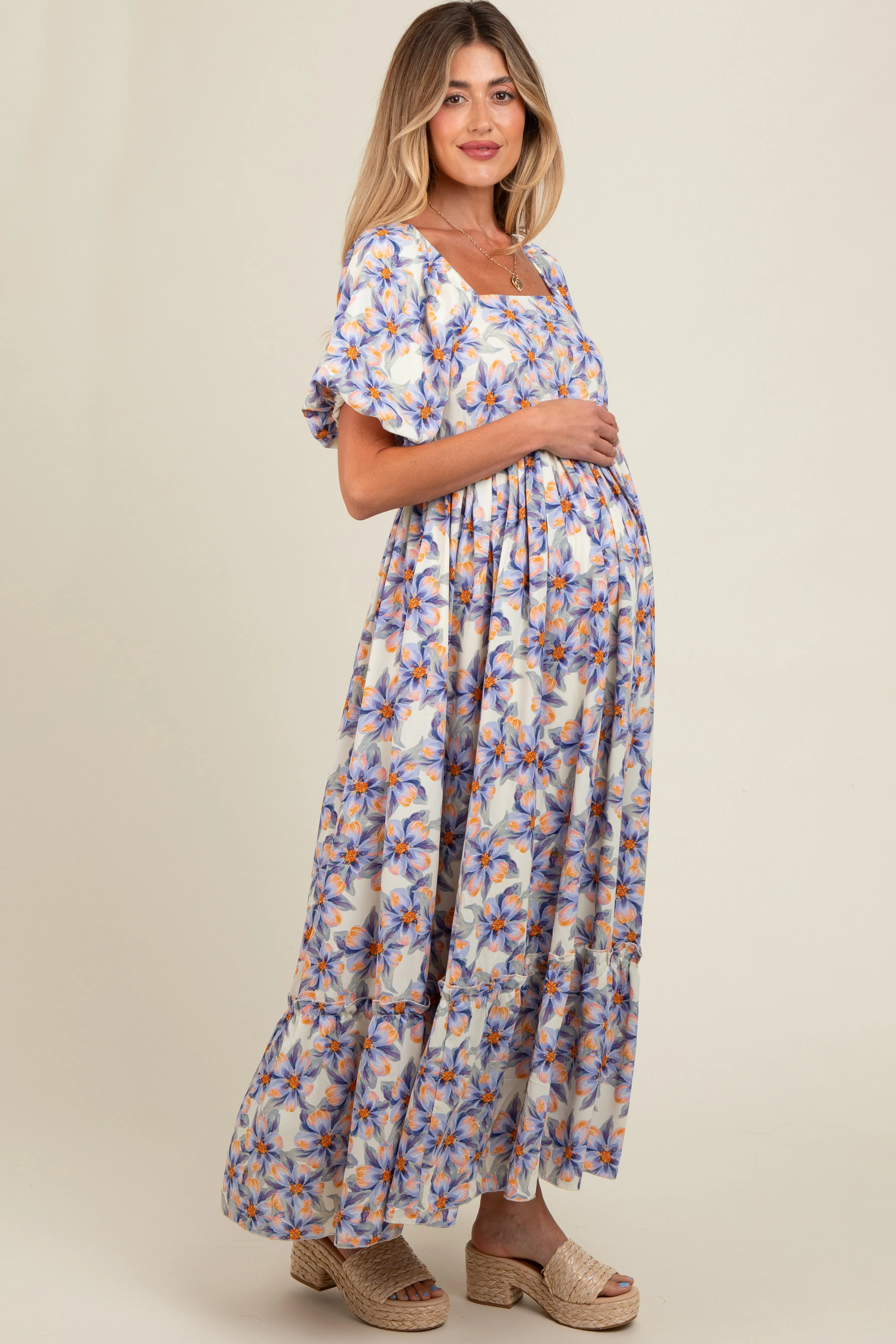 Blue Floral Ruffle Accent Maternity Maxi Dress sold by Pinkblush product image thumbnail 3