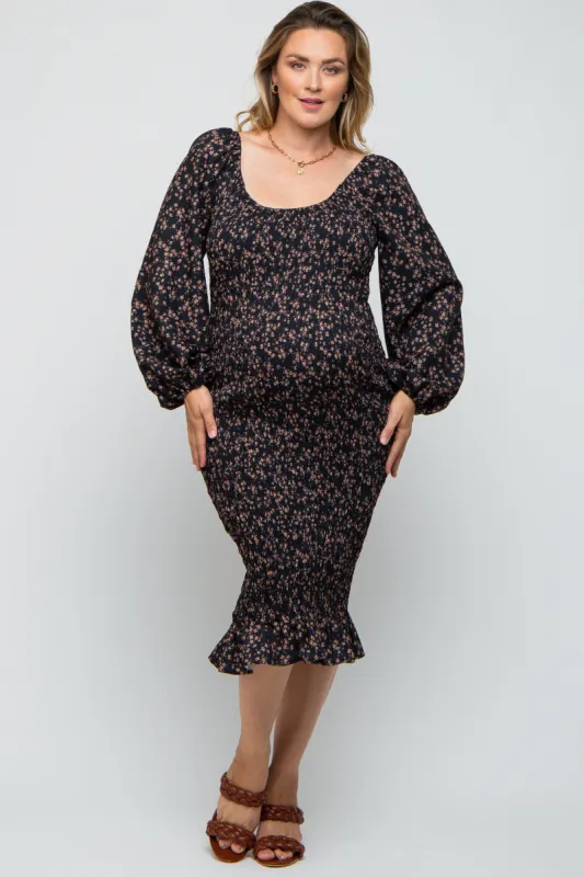 Black Floral Smocked Fitted Long Sleeve Plus Maternity Midi Dress sold by Pinkblush