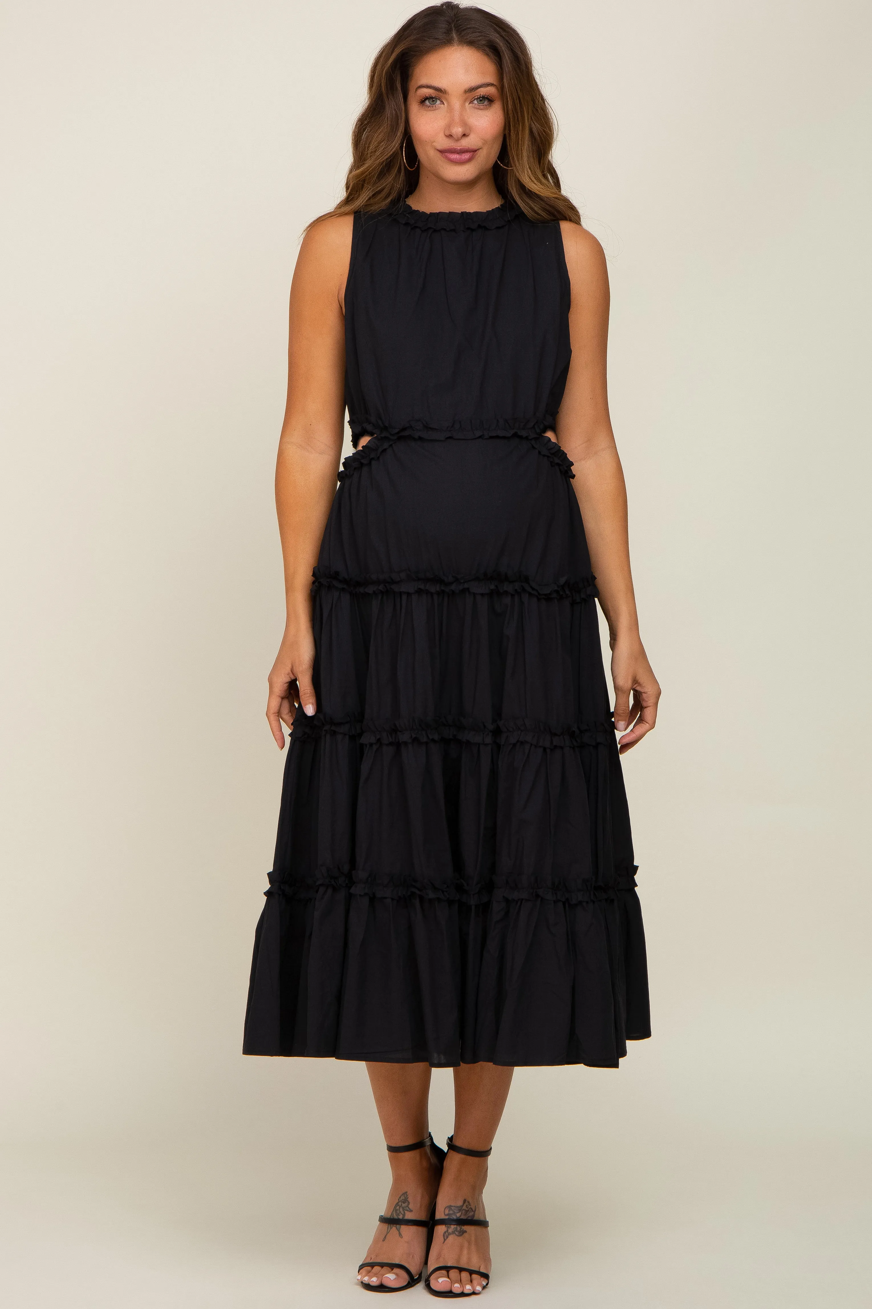 Black Tiered Ruffle Cutout Maternity Midi Dress sold by Pinkblush product image thumbnail 4