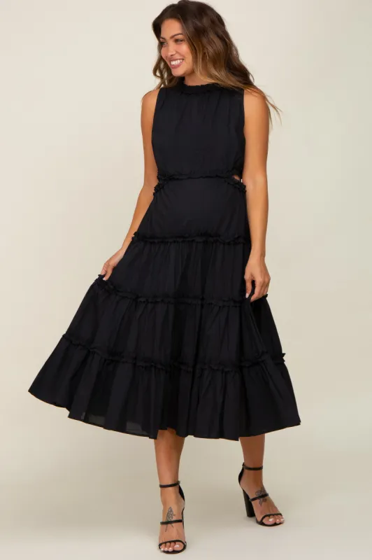 Black Tiered Ruffle Cutout Maternity Midi Dress sold by Pinkblush
