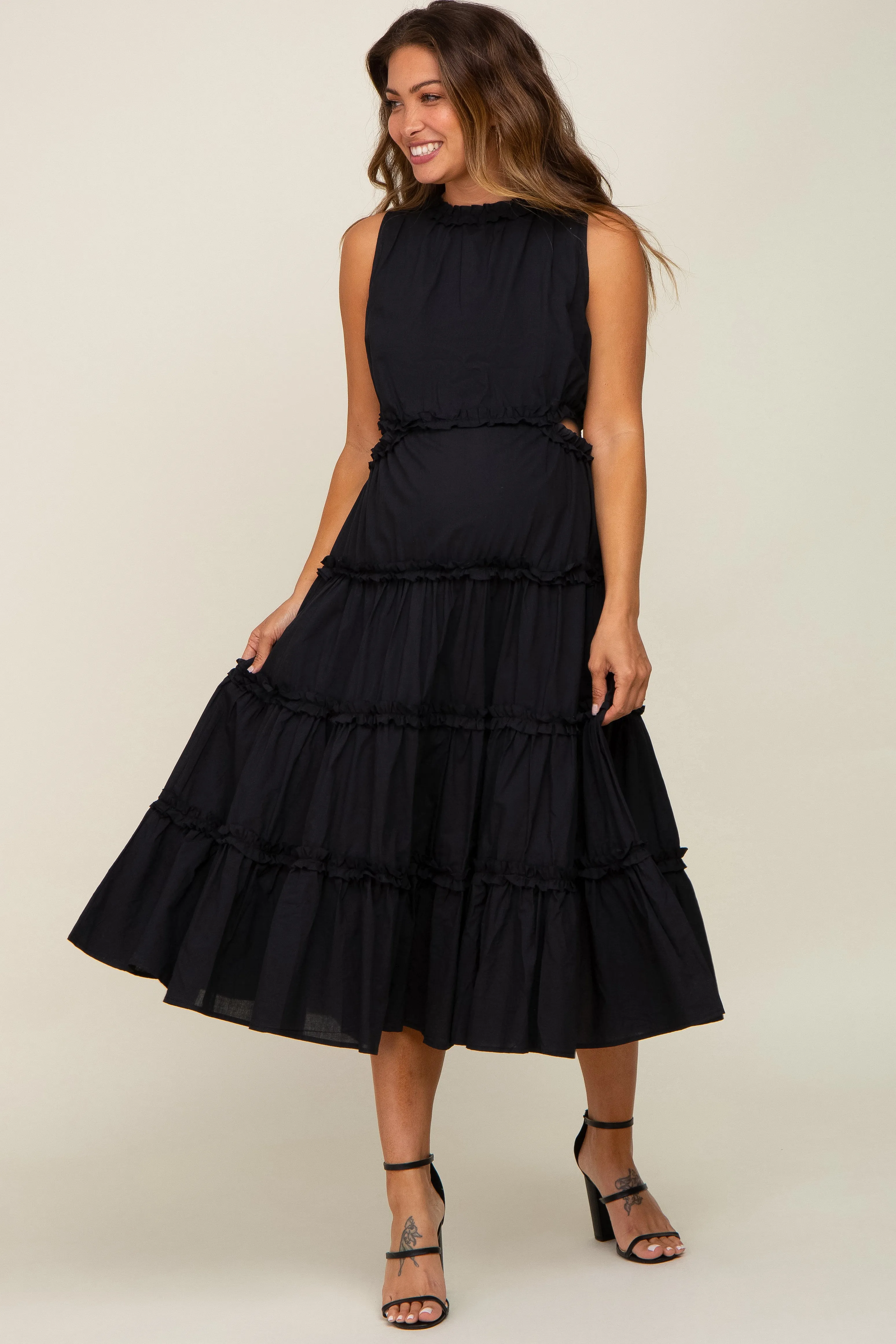 Black Tiered Ruffle Cutout Maternity Midi Dress sold by Pinkblush