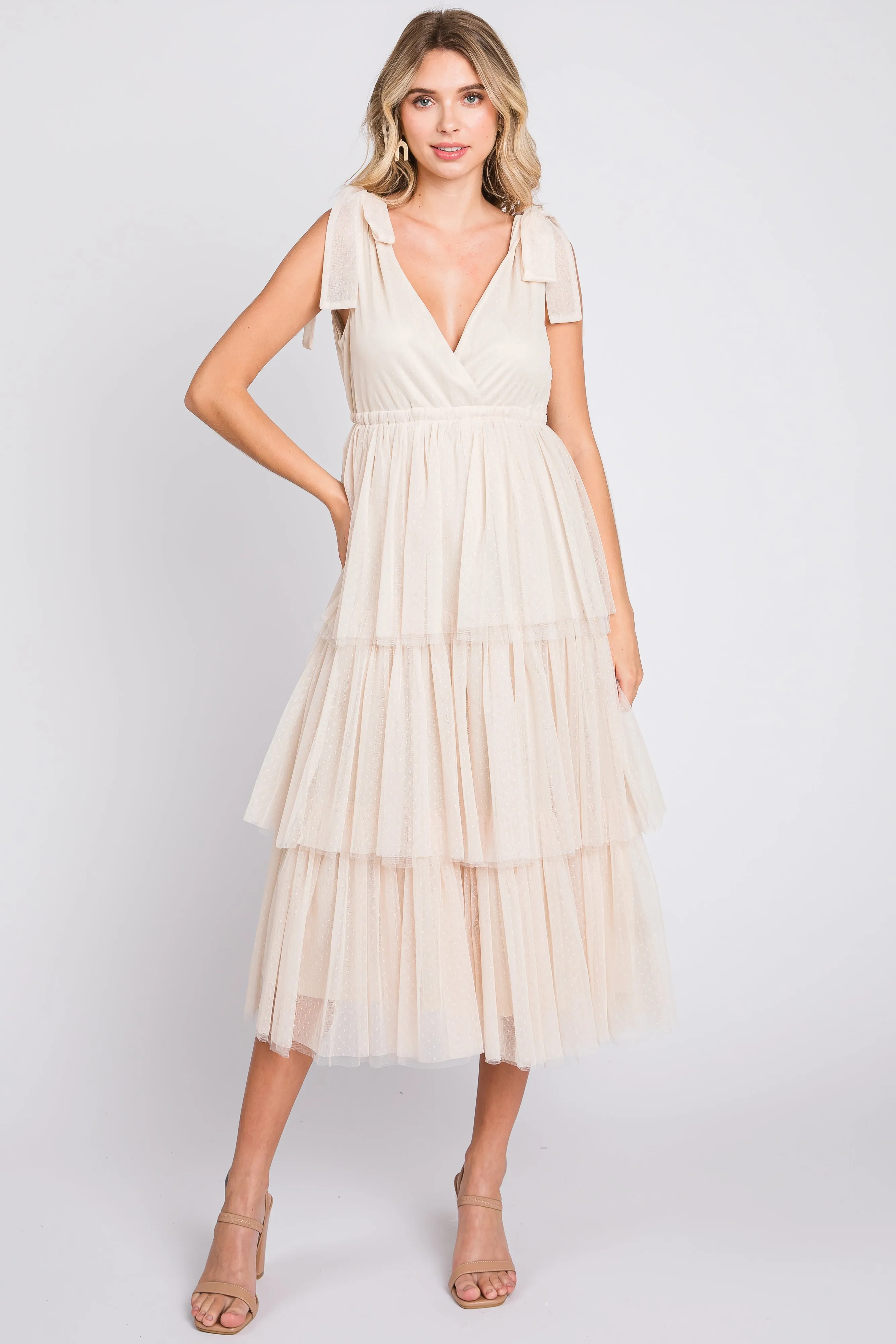 Cream Sleeveless Tiered Tie Strap Tulle Midi Dress sold by Pinkblush
