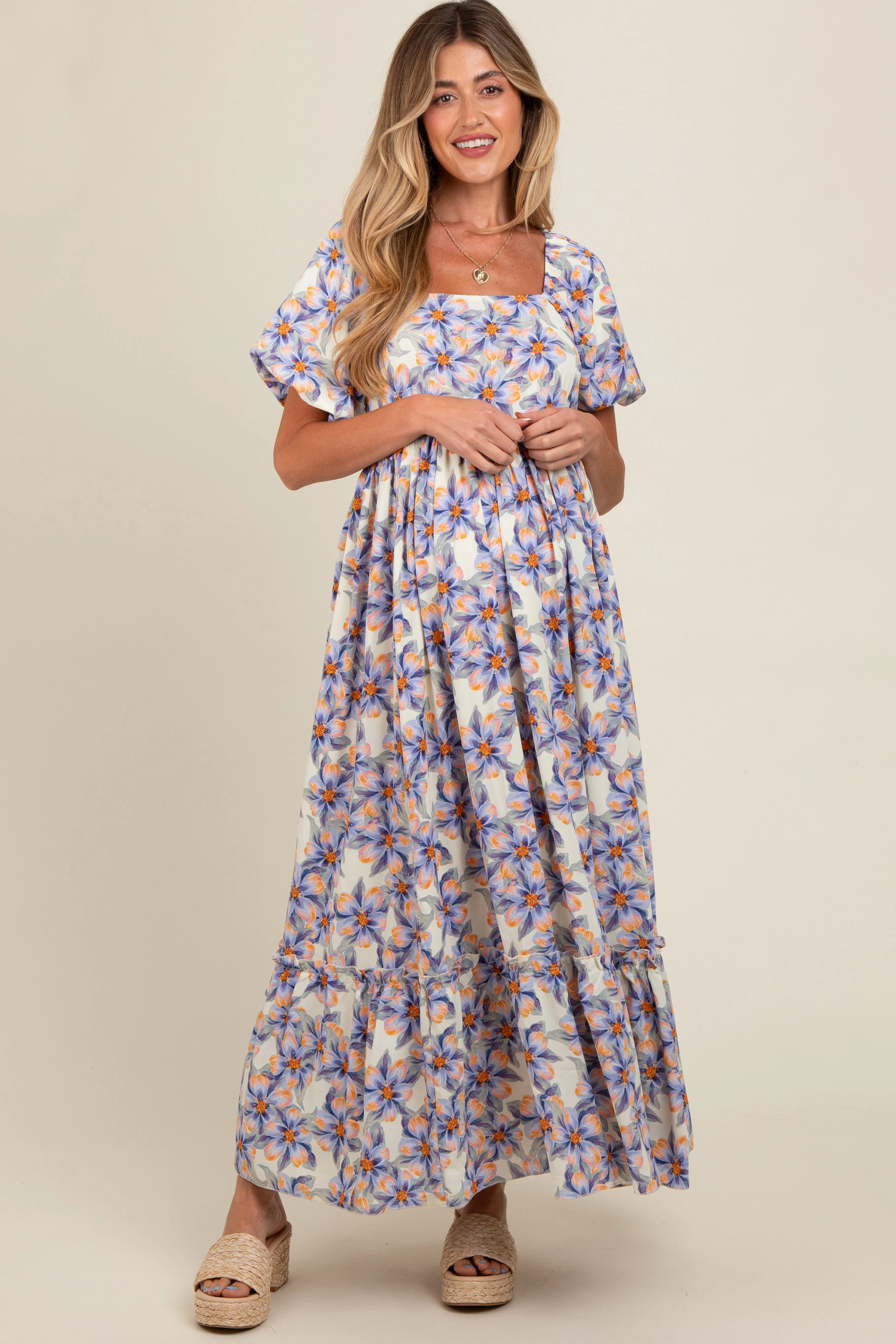 Blue Floral Ruffle Accent Maternity Maxi Dress sold by Pinkblush