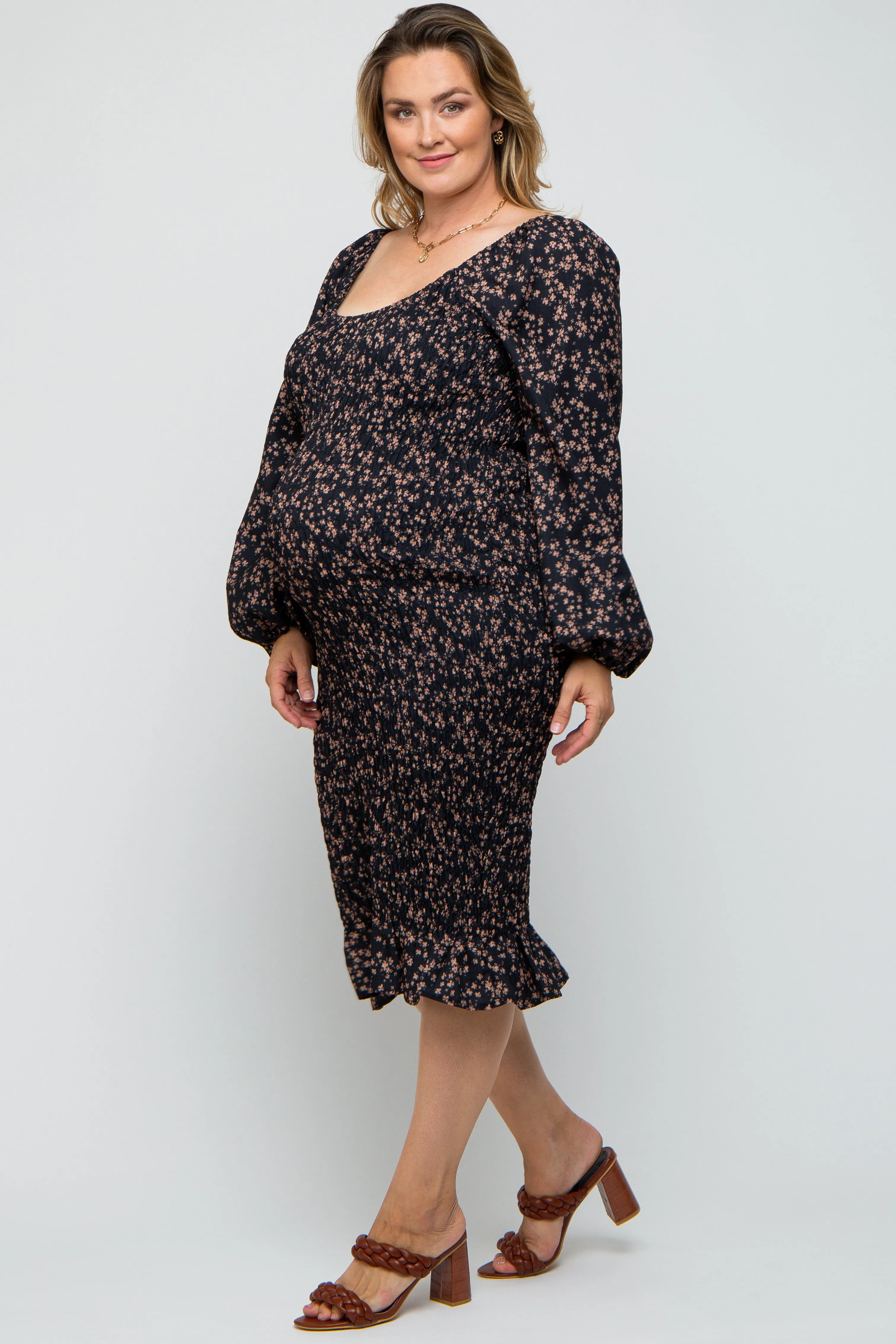 Black Floral Smocked Fitted Long Sleeve Plus Maternity Midi Dress sold by Pinkblush product image thumbnail 2