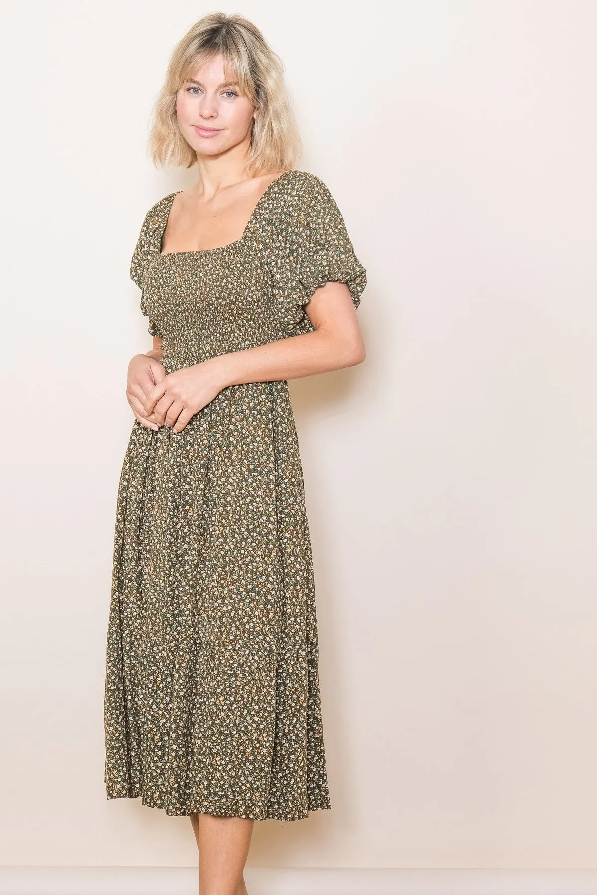 Olive Floral Smocked Midi Dress sold by Pinkblush product image thumbnail 2