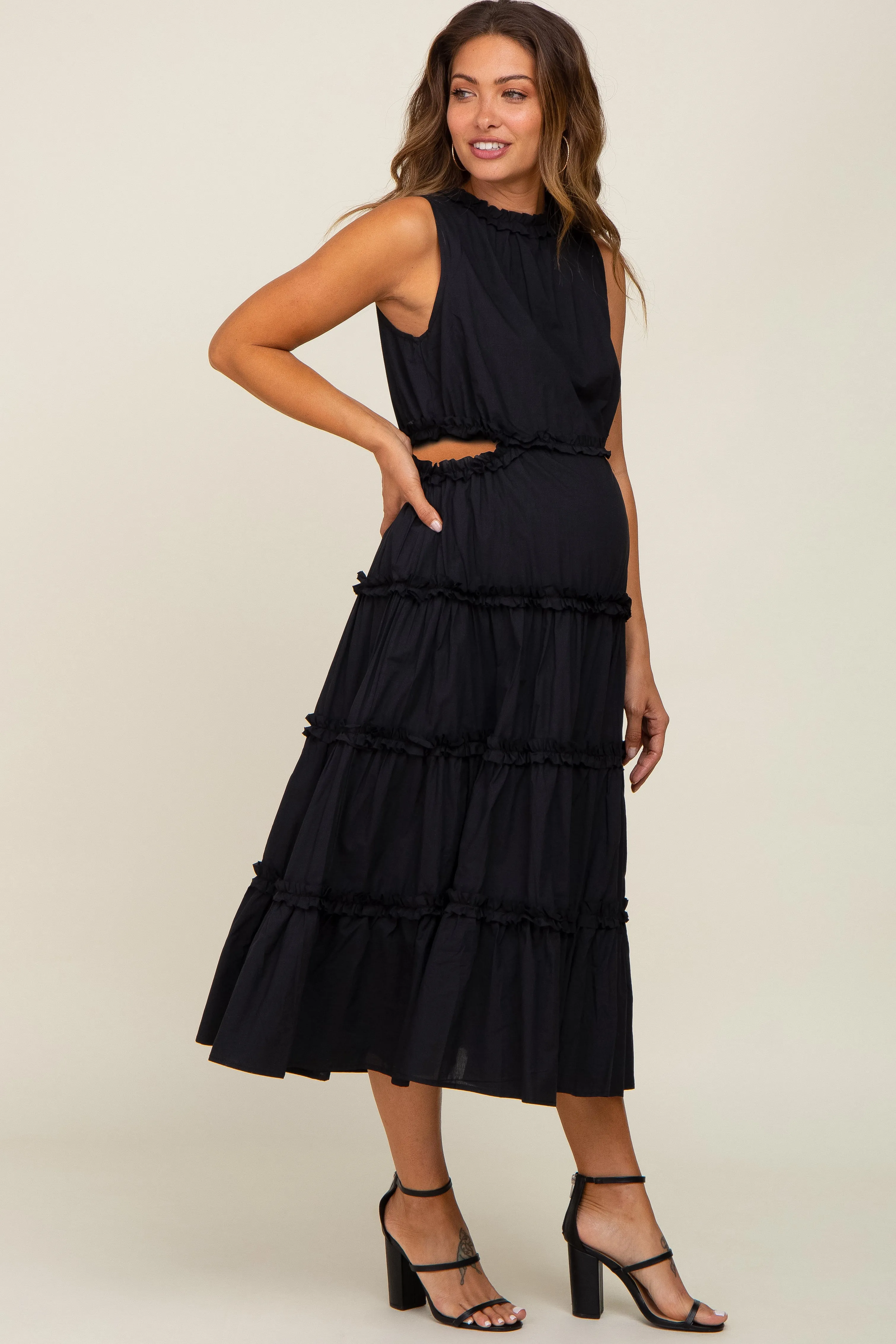 Black Tiered Ruffle Cutout Maternity Midi Dress sold by Pinkblush product image thumbnail 2