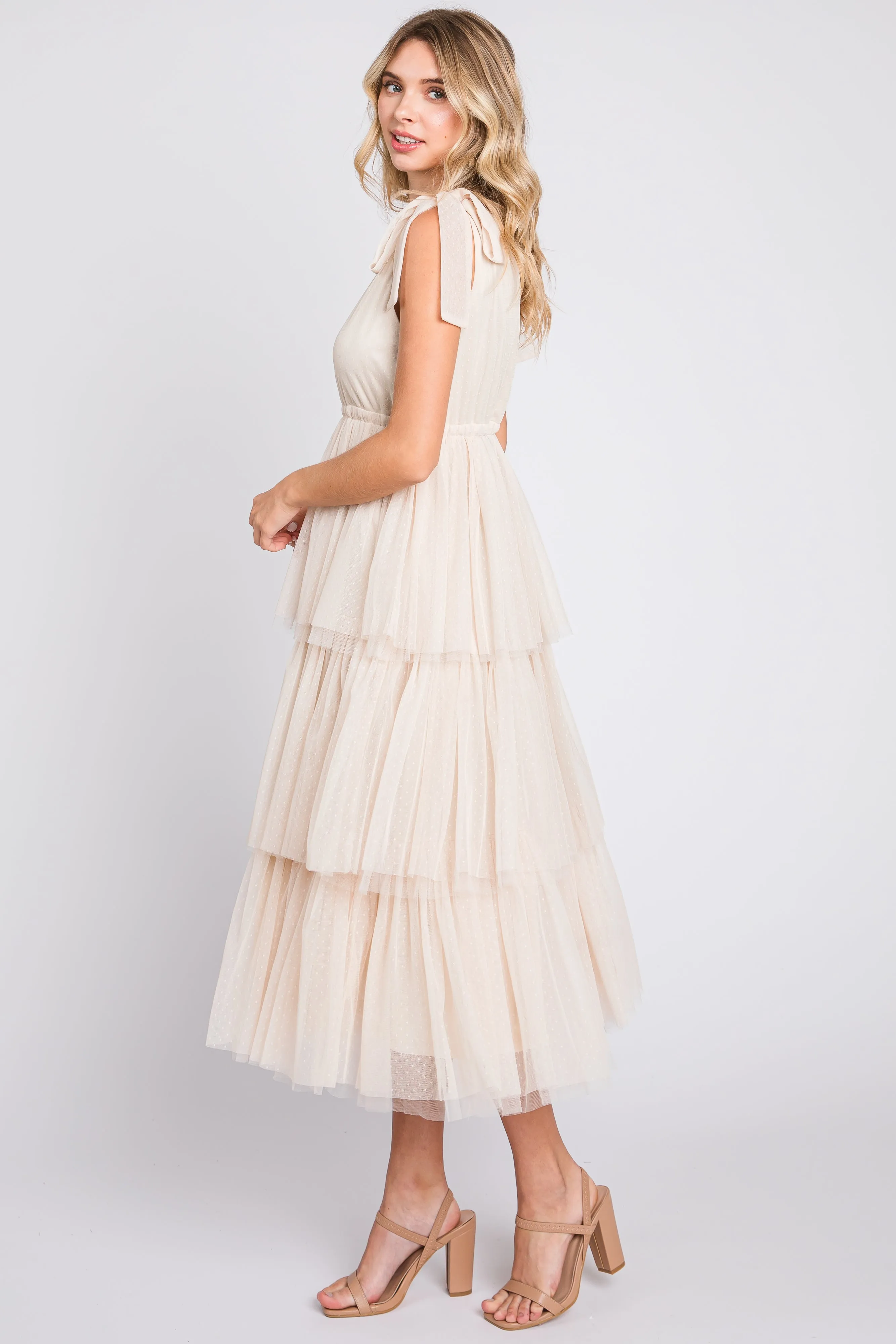 Cream Sleeveless Tiered Tie Strap Tulle Midi Dress sold by Pinkblush product image thumbnail 2