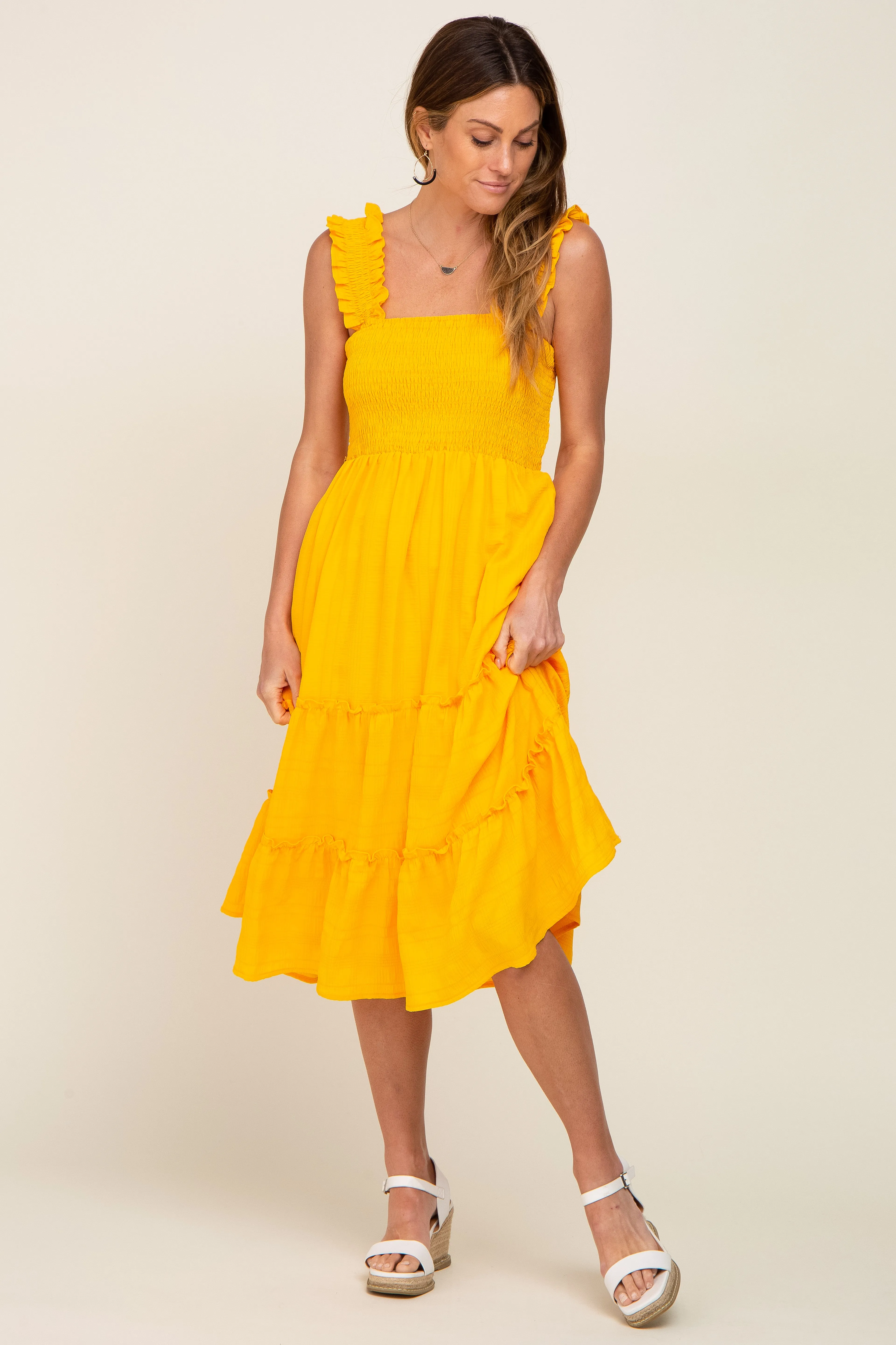Yellow Smocked Square Neck Ruffle Strap Tiered Midi Dress sold by Pinkblush product image thumbnail 5