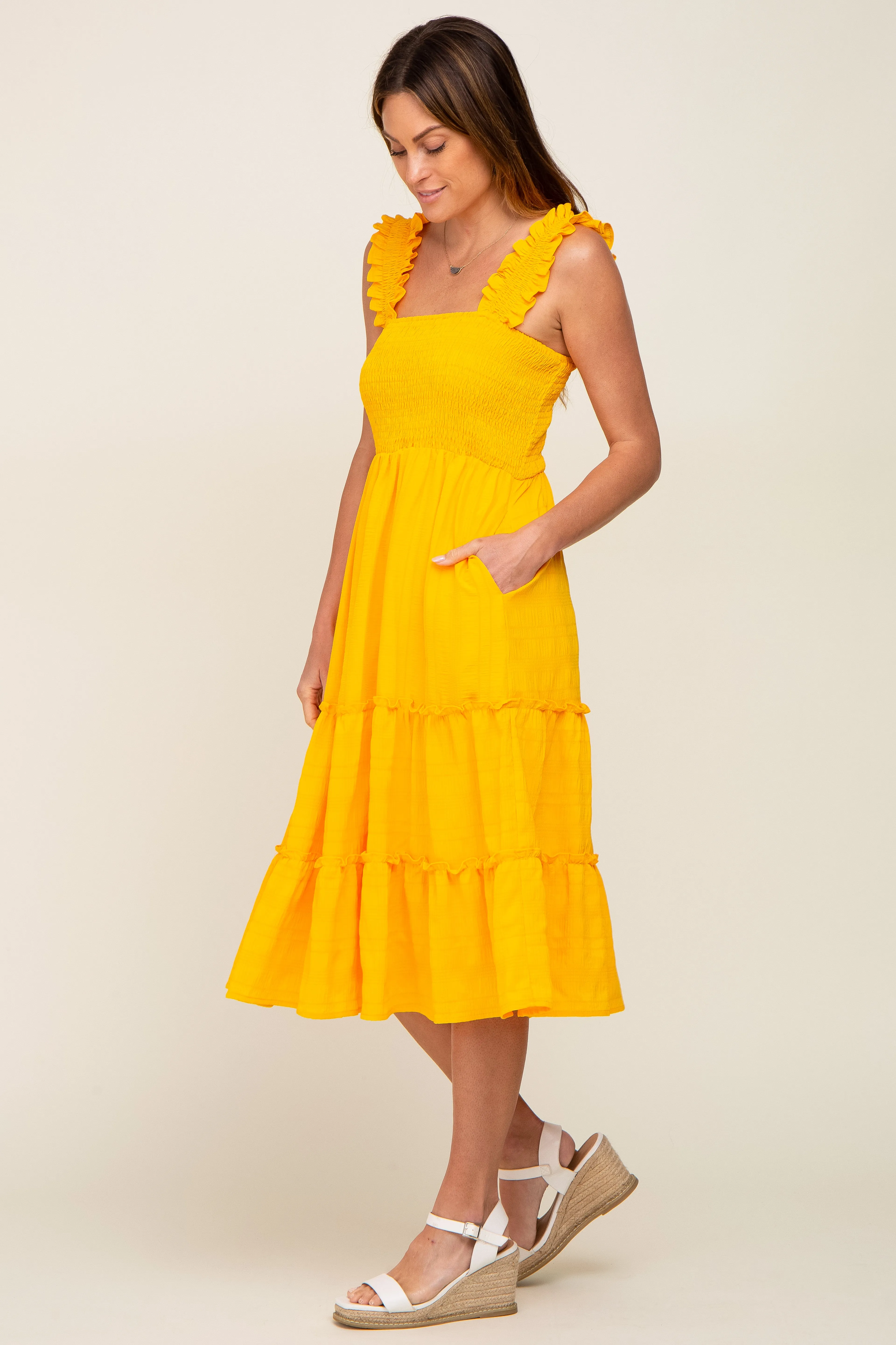 Yellow Smocked Square Neck Ruffle Strap Tiered Midi Dress sold by Pinkblush product image thumbnail 2