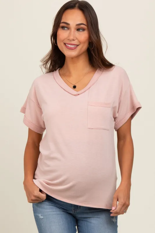 Light Pink Front Pocket Maternity Short Sleeve Top sold by Pinkblush