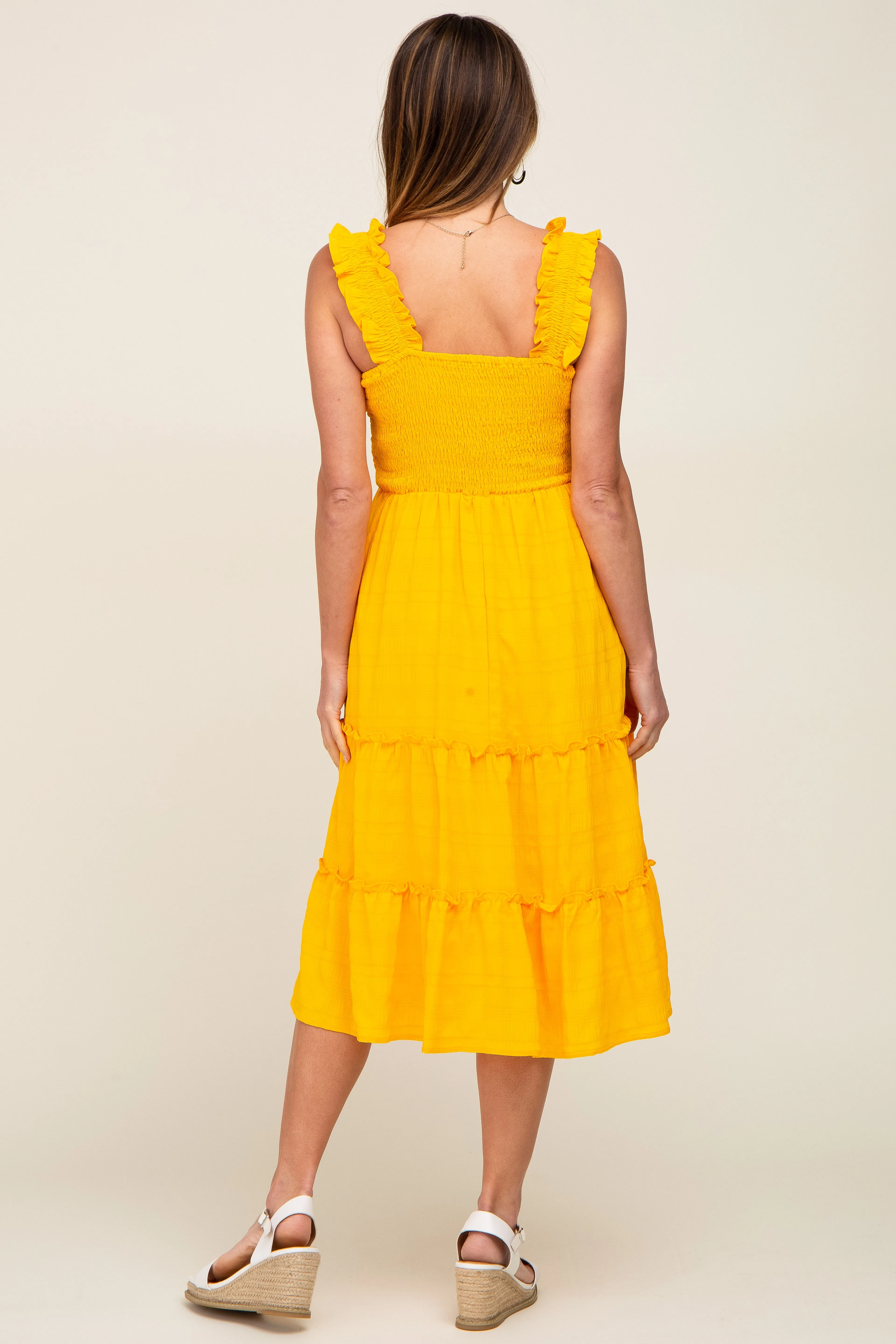 Yellow Smocked Square Neck Ruffle Strap Tiered Midi Dress sold by Pinkblush product image thumbnail 3