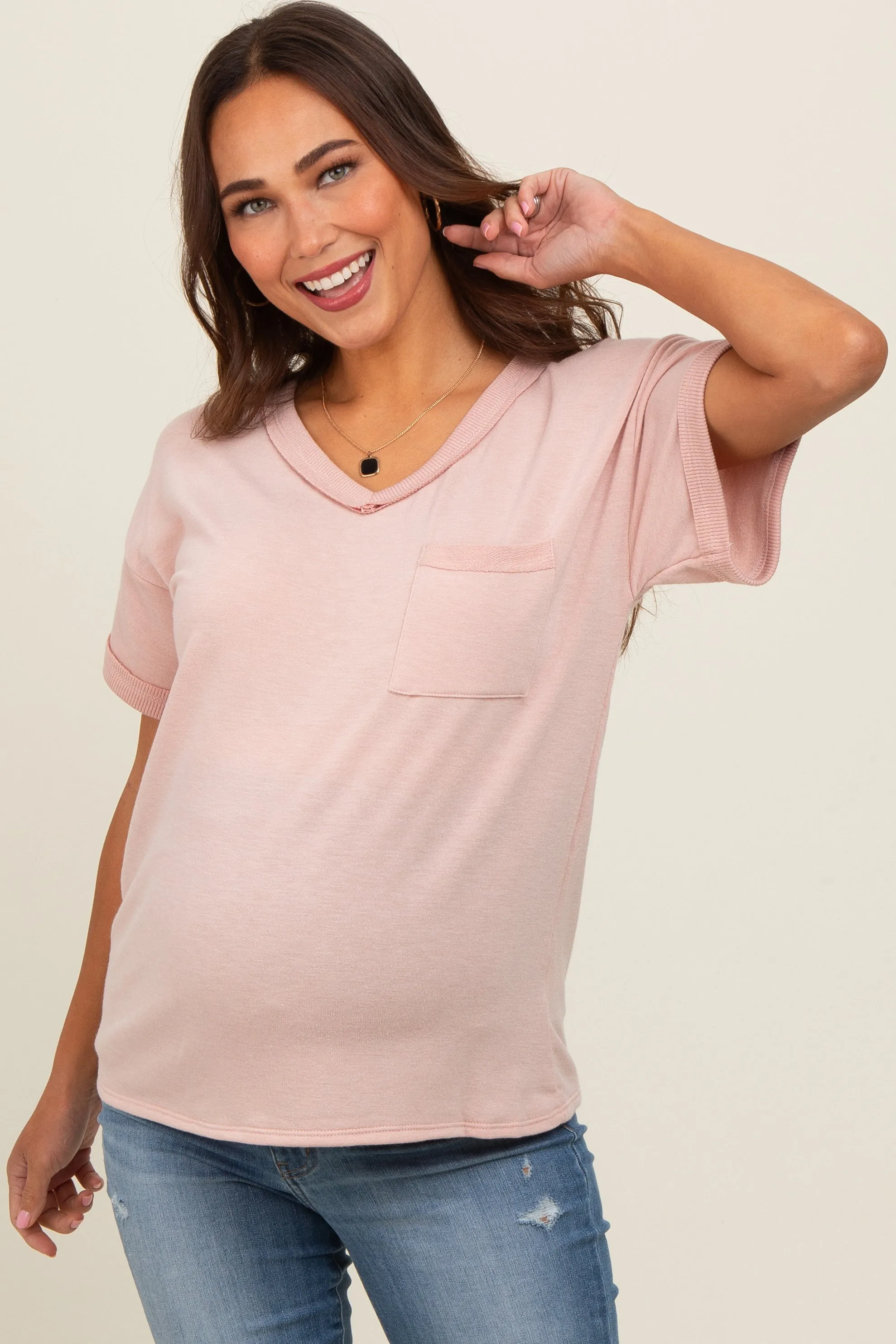 Light Pink Front Pocket Maternity Short Sleeve Top sold by Pinkblush product image thumbnail 2