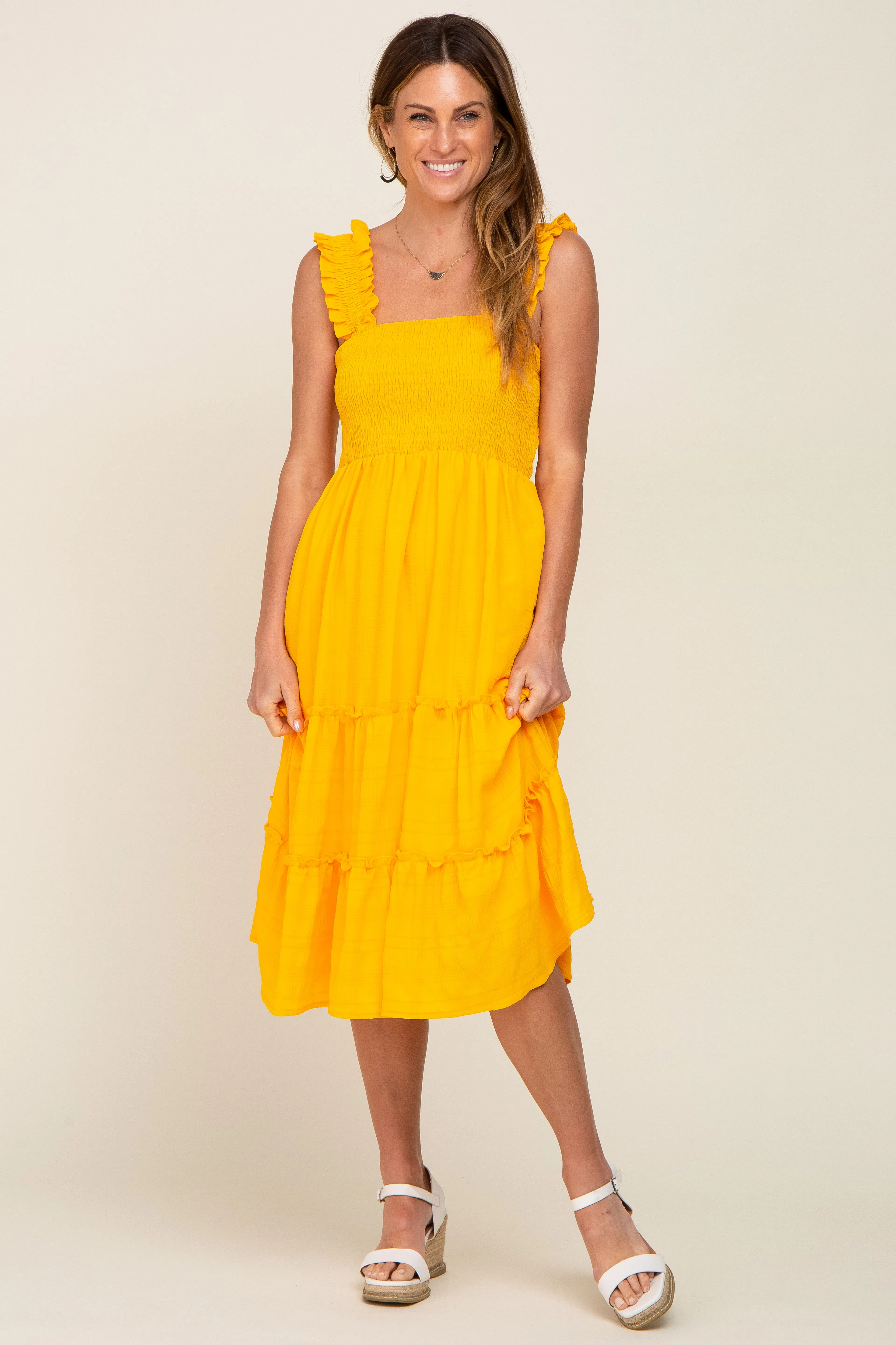 Yellow Smocked Square Neck Ruffle Strap Tiered Midi Dress sold by Pinkblush product image thumbnail 4
