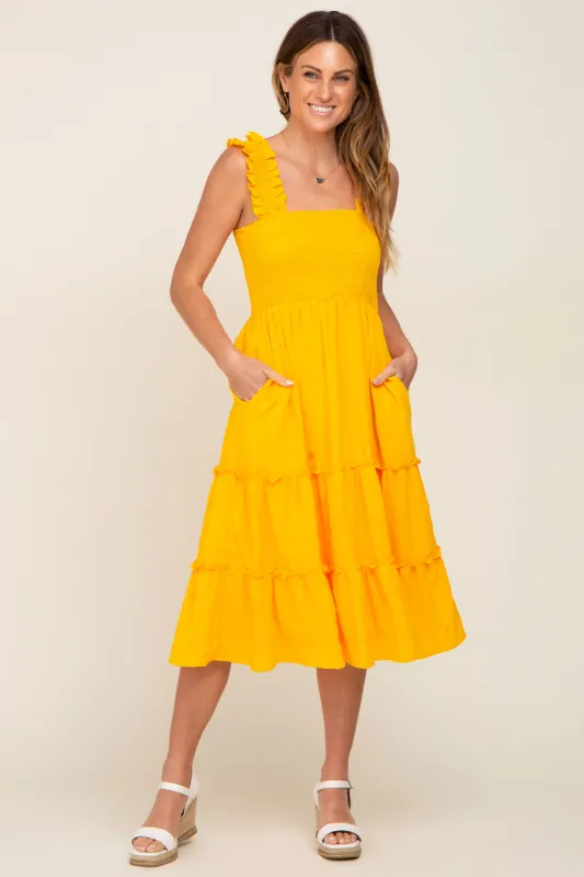 Yellow Smocked Square Neck Ruffle Strap Tiered Midi Dress sold by Pinkblush