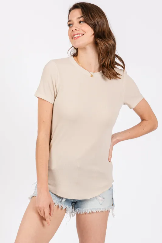 Cream Ribbed Short Sleeve Curved Hem Top sold by Pinkblush