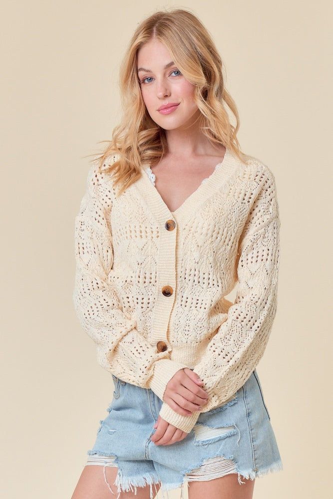 Vanilla Pointelle Knitted V-Neck Crop Cardigan sold by Pinkblush