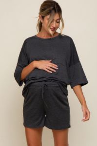 Charcoal Pocket Front Short Sleeve Maternity Pajama Short Set sold by Pinkblush