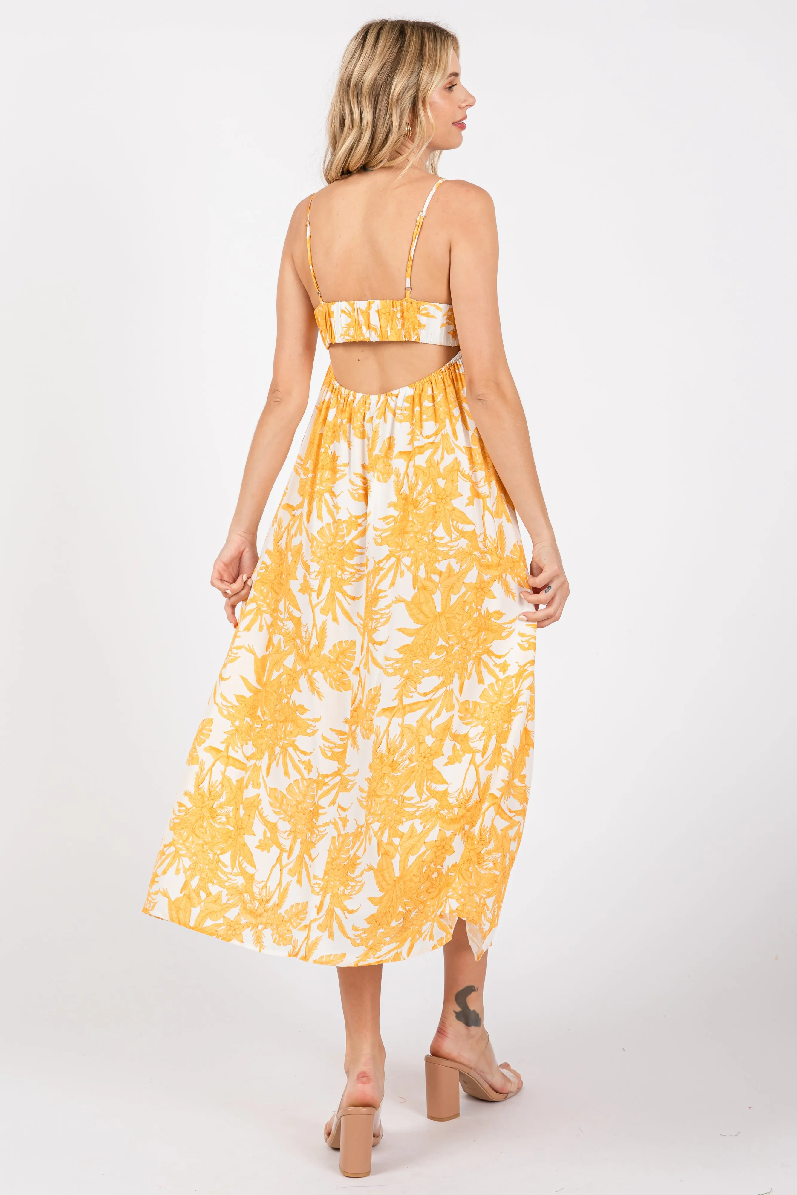 Yellow Floral Pleated Front Back Cut-Out Midi Dress sold by Pinkblush product image thumbnail 4