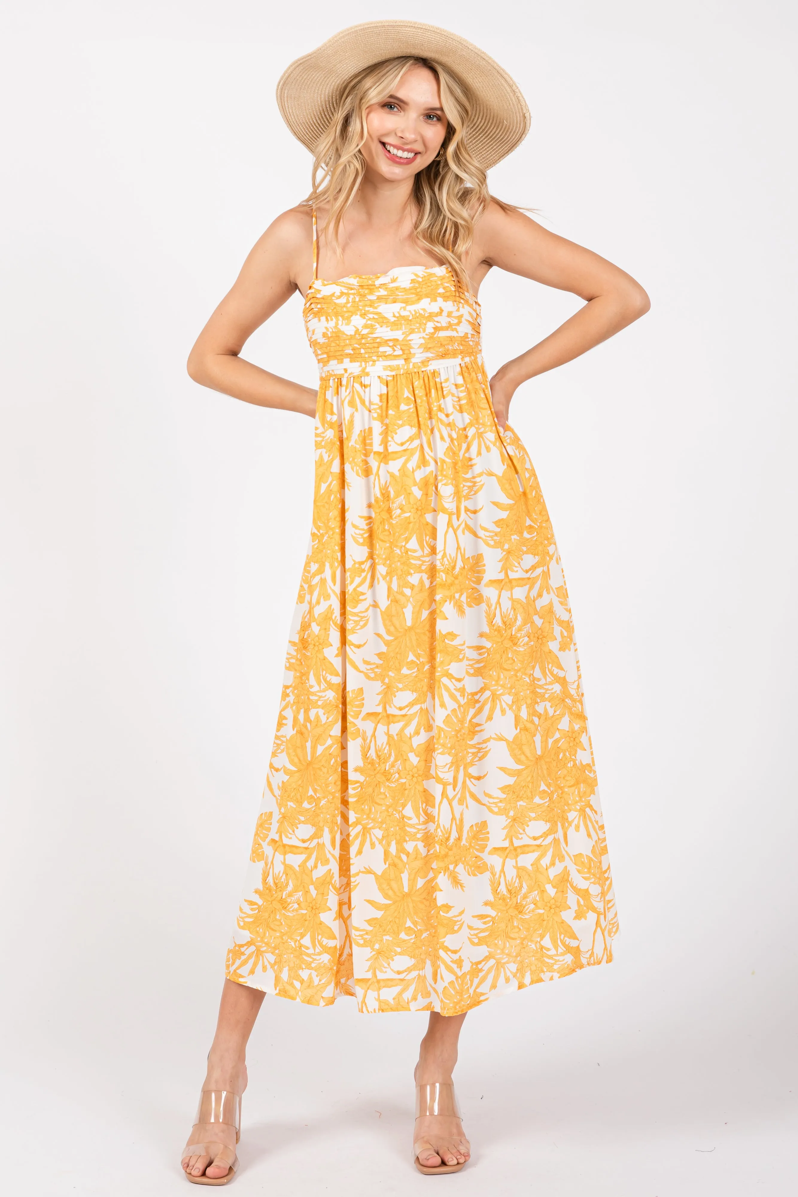 Yellow Floral Pleated Front Back Cut-Out Midi Dress sold by Pinkblush