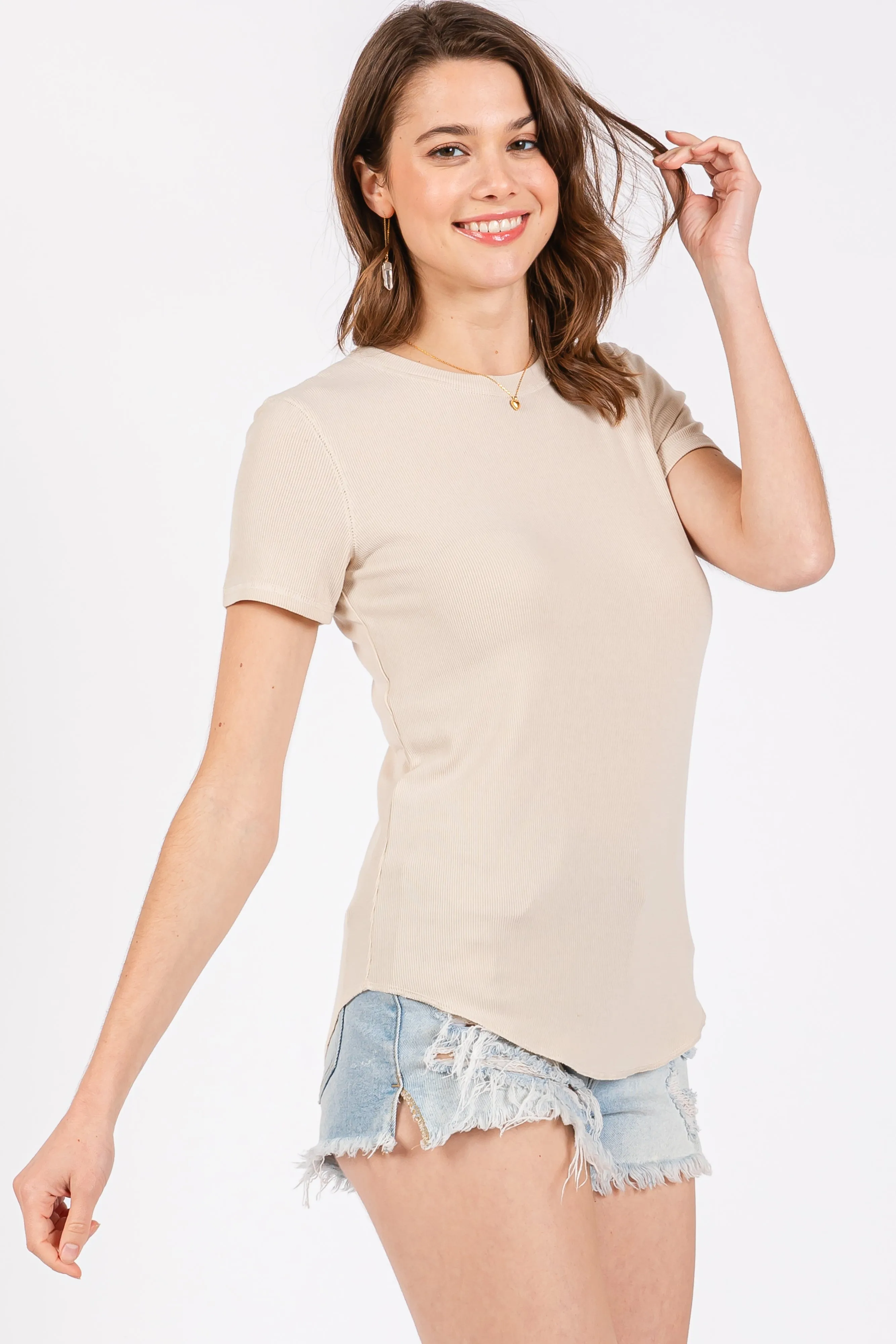 Cream Ribbed Short Sleeve Curved Hem Top sold by Pinkblush product image thumbnail 2