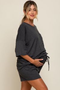Charcoal Pocket Front Short Sleeve Maternity Pajama Short Set sold by Pinkblush