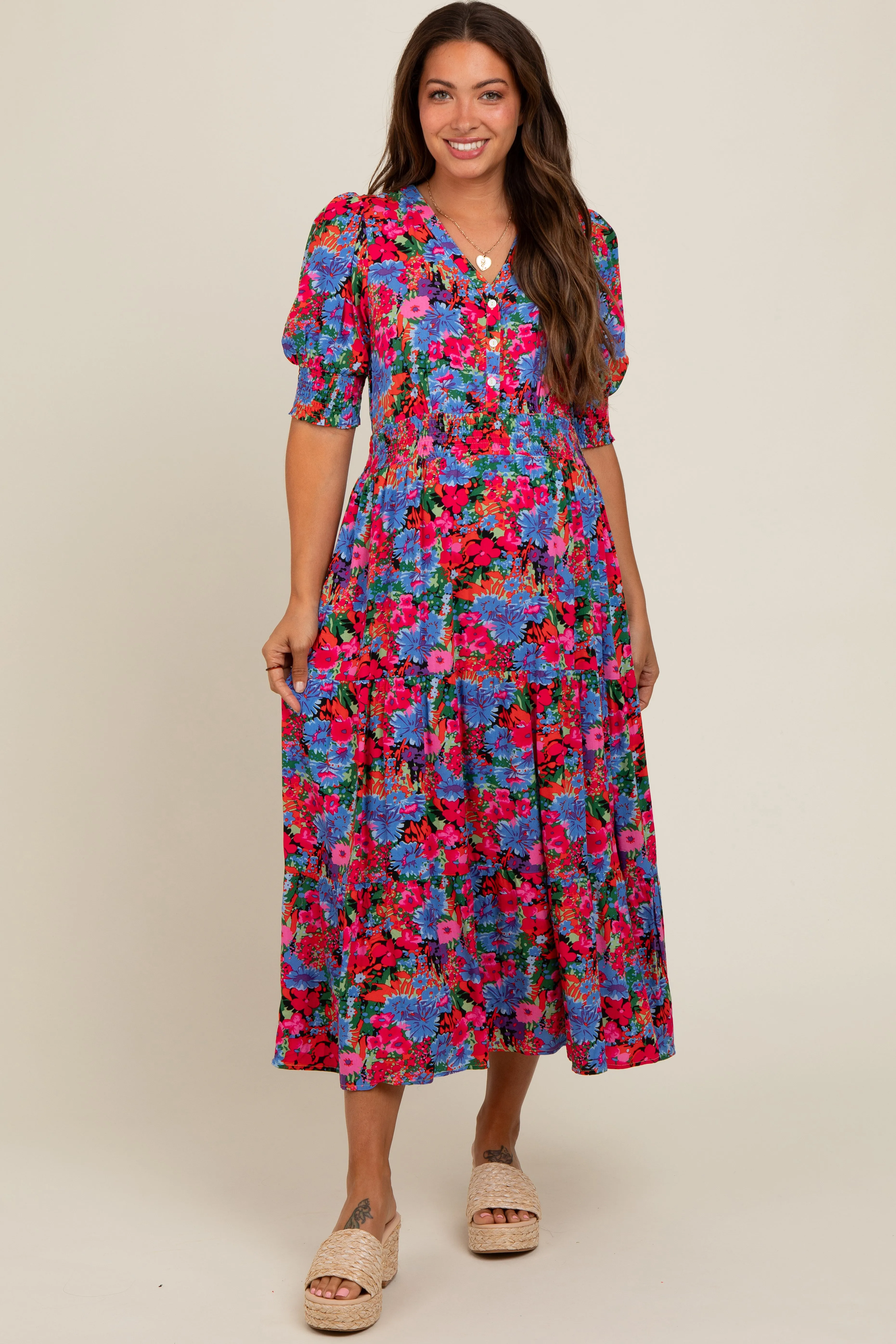 Blue Floral Smocked Waist Maternity Midi Dress sold by Pinkblush