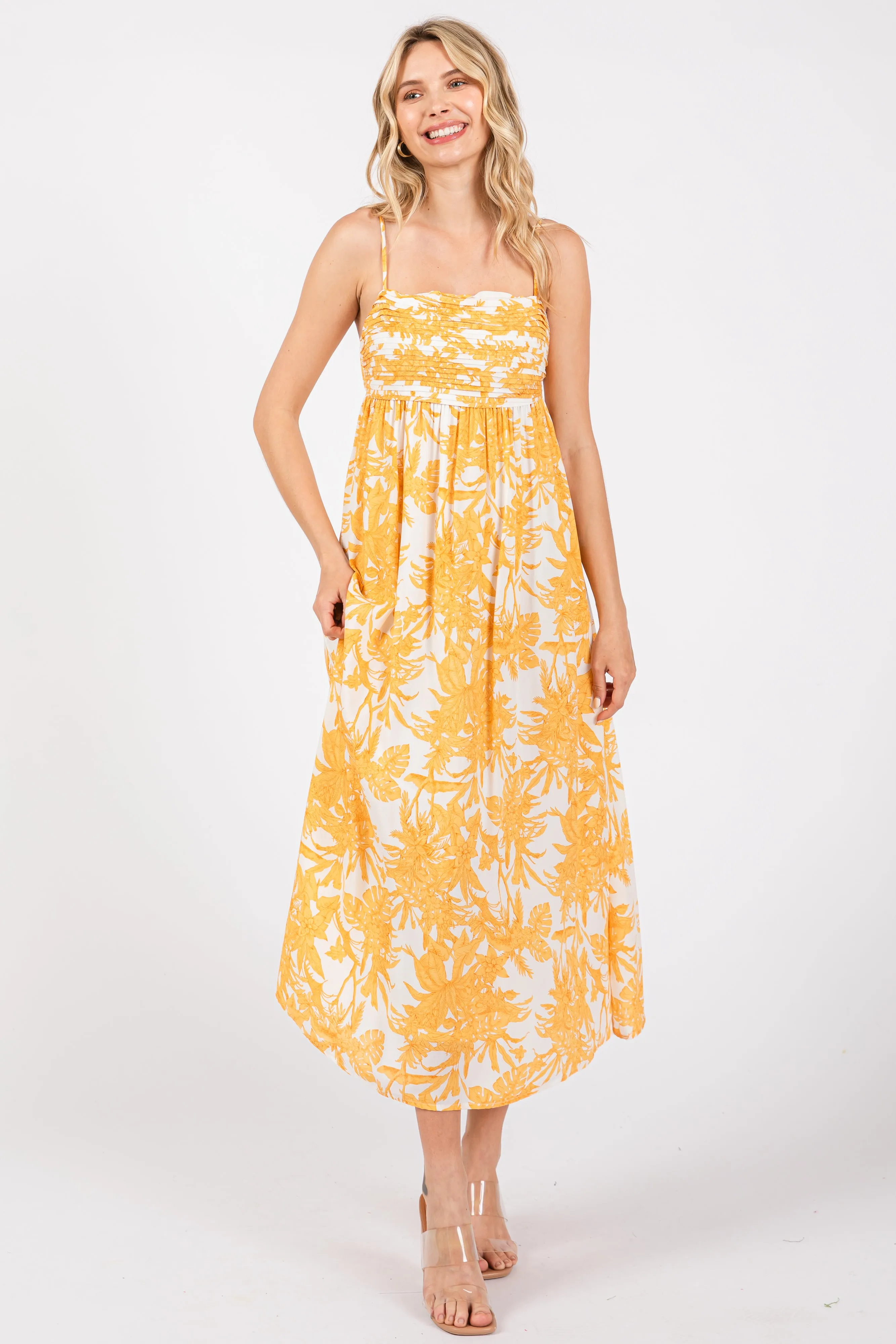 Yellow Floral Pleated Front Back Cut-Out Midi Dress sold by Pinkblush product image thumbnail 2