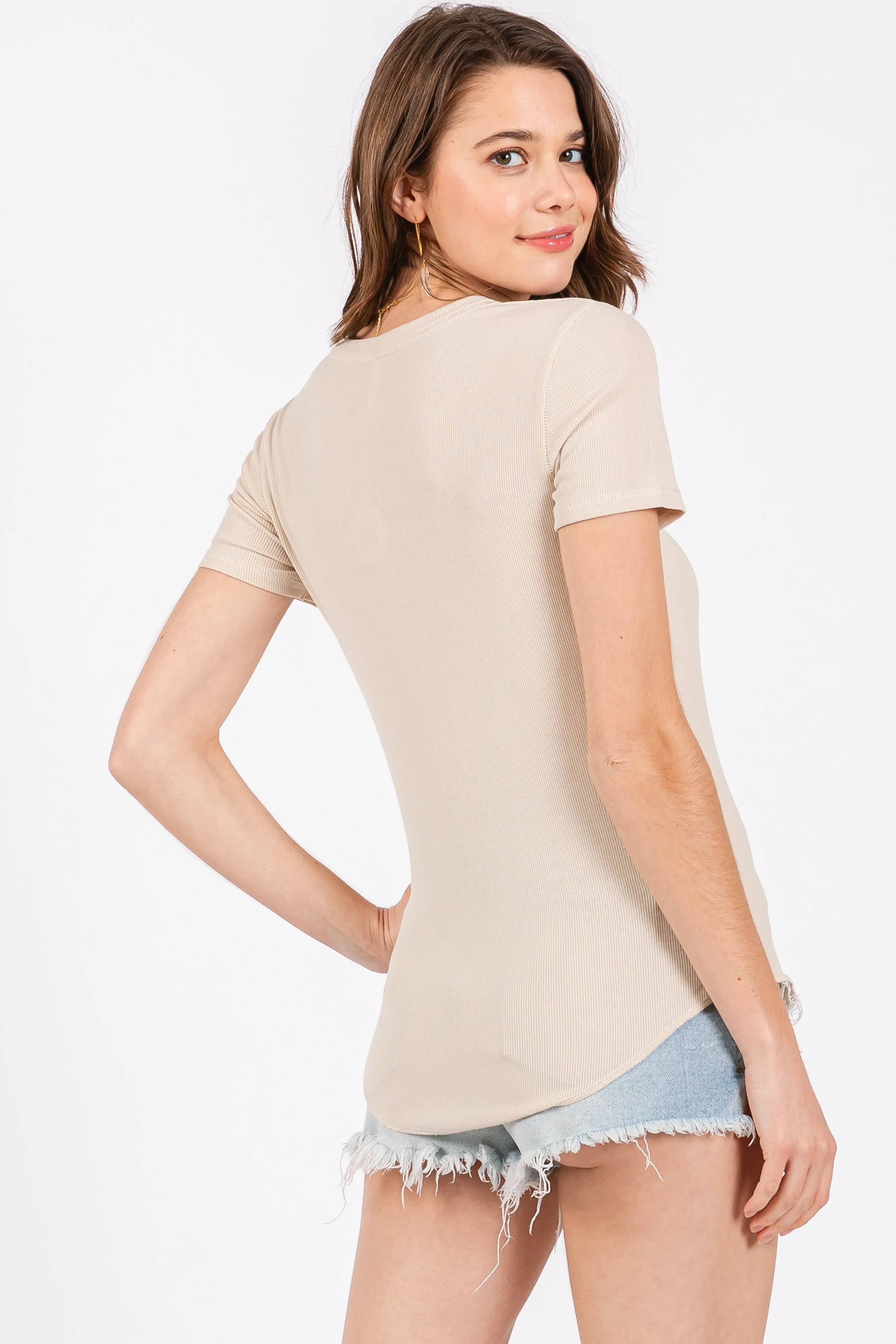 Cream Ribbed Short Sleeve Curved Hem Top sold by Pinkblush product image thumbnail 3